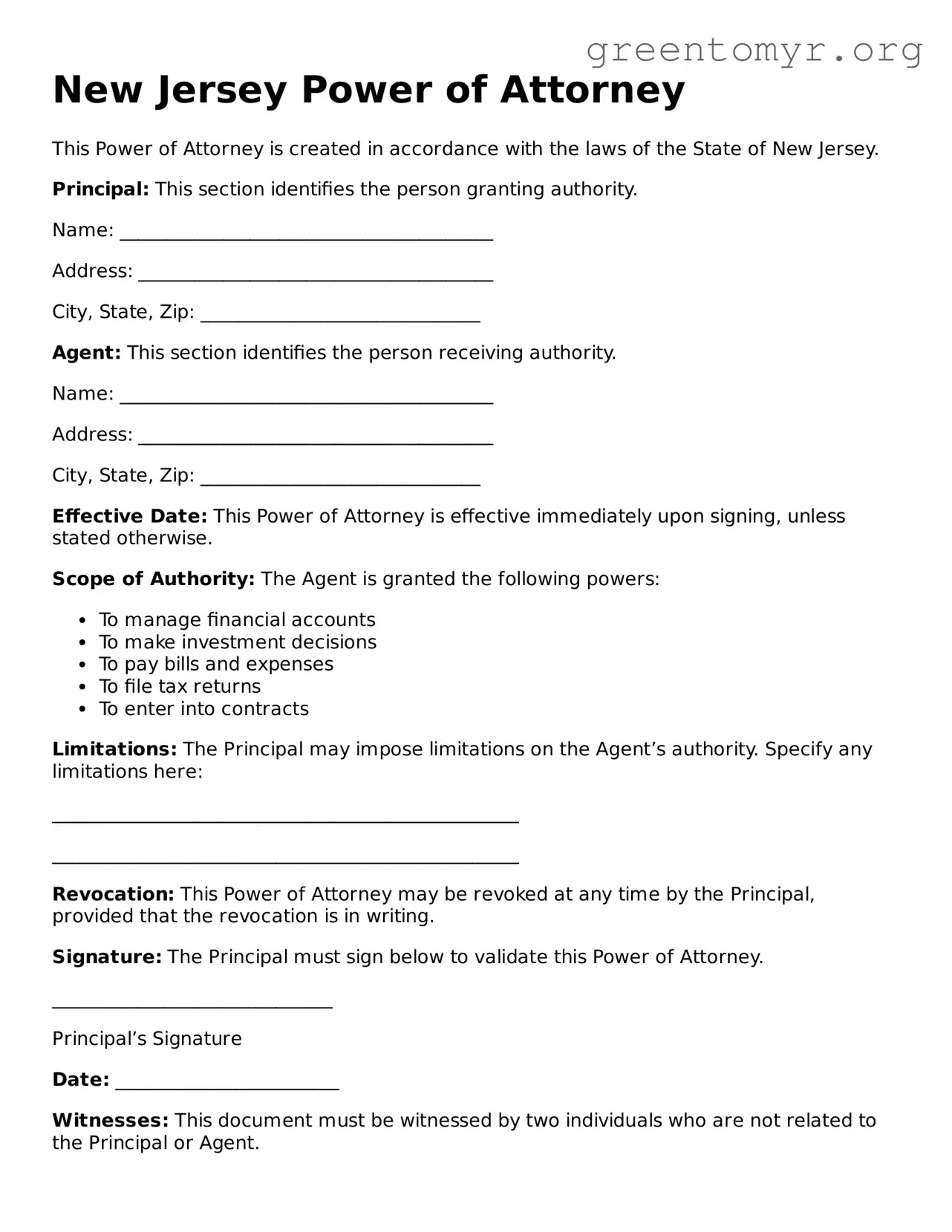 Power of Attorney Form for the State of New Jersey