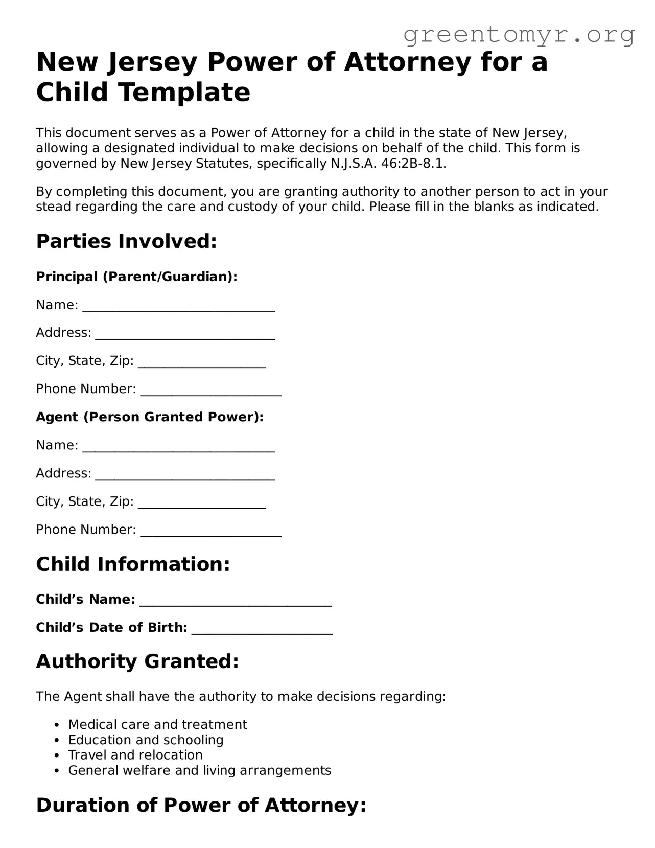 Power of Attorney for a Child Form for the State of New Jersey