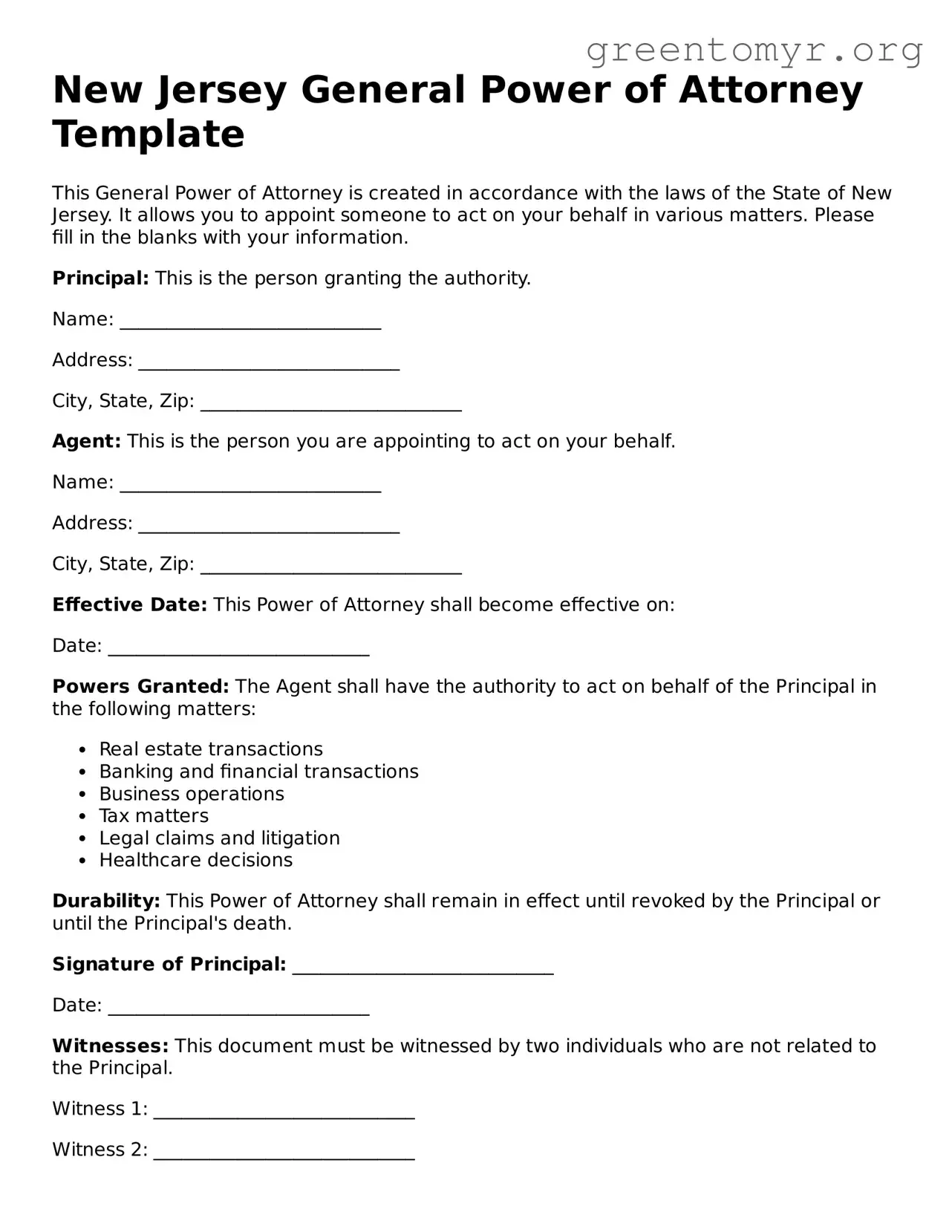General Power of Attorney Form for the State of New Jersey