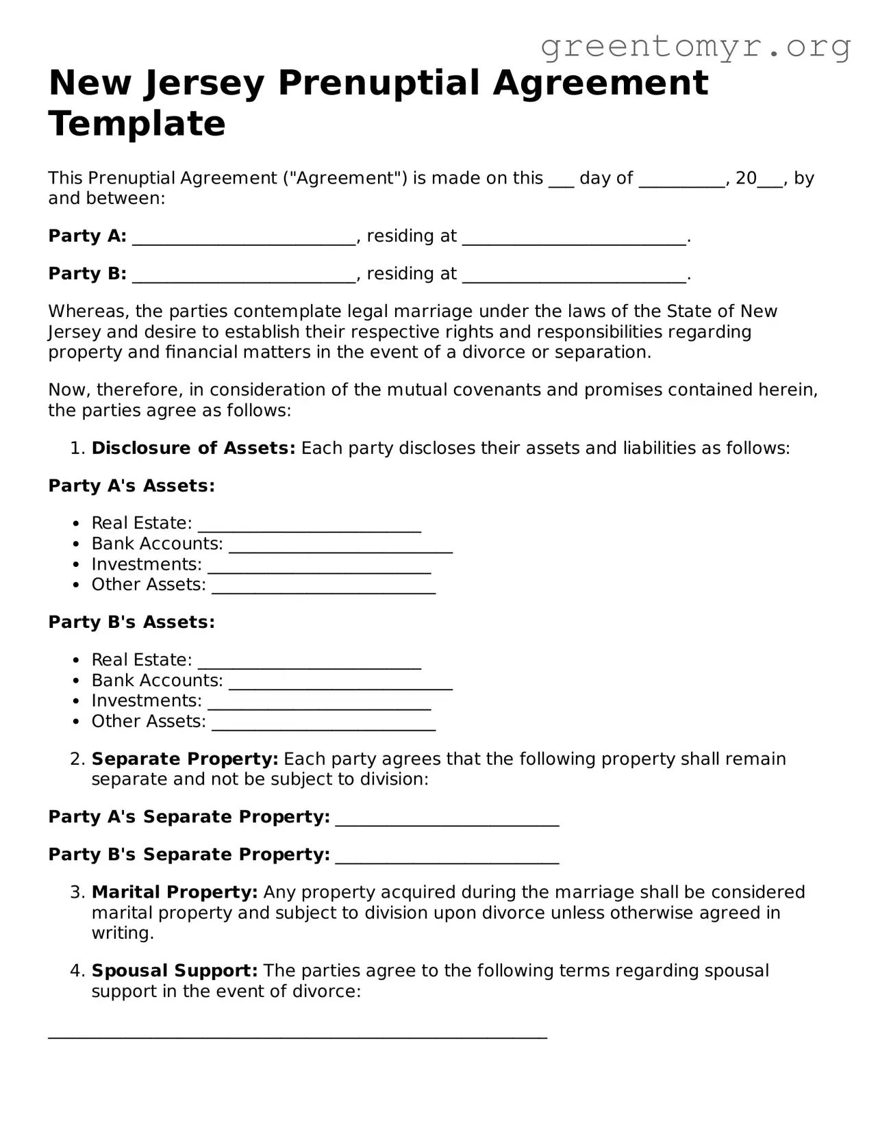 Prenuptial Agreement Form for the State of New Jersey