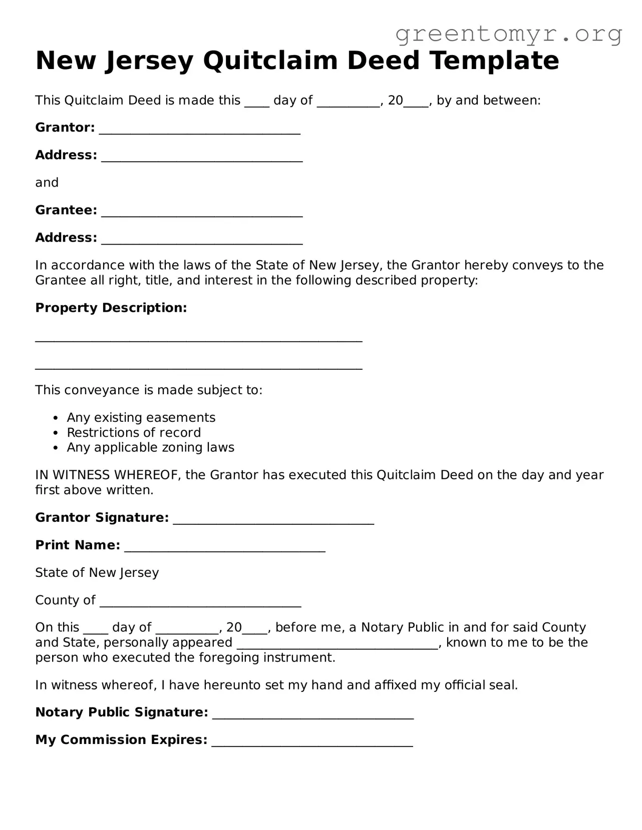 Quitclaim Deed Form for the State of New Jersey