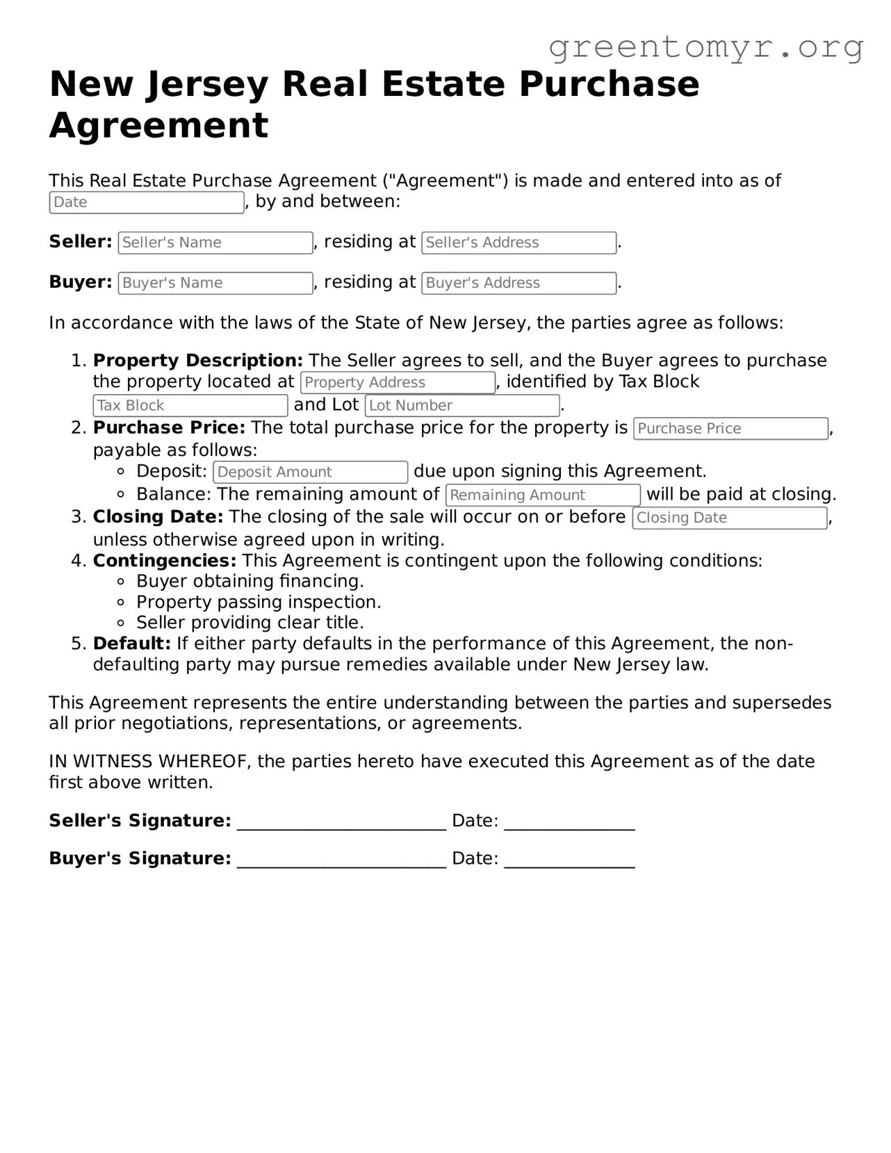 Real Estate Purchase Agreement Form for the State of New Jersey