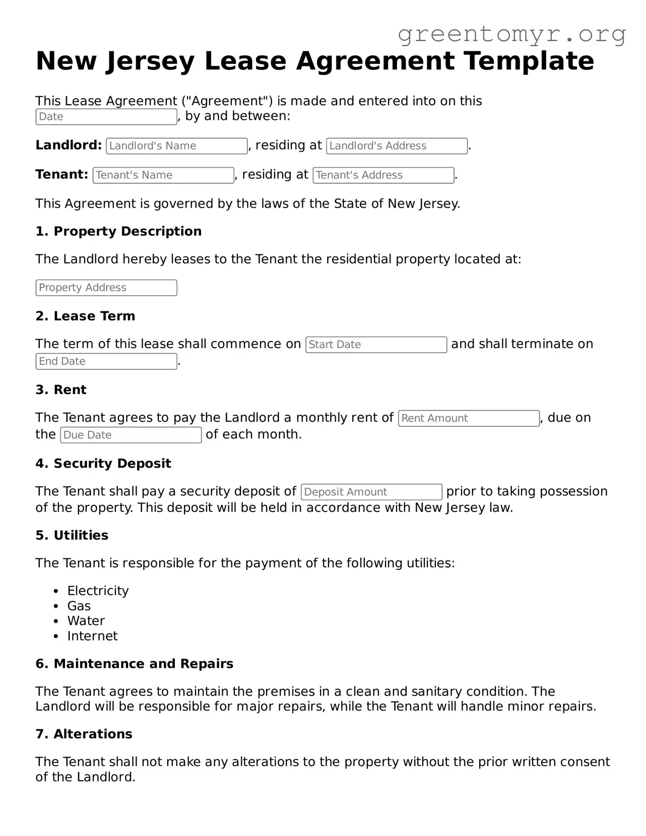 Lease Agreement Form for the State of New Jersey
