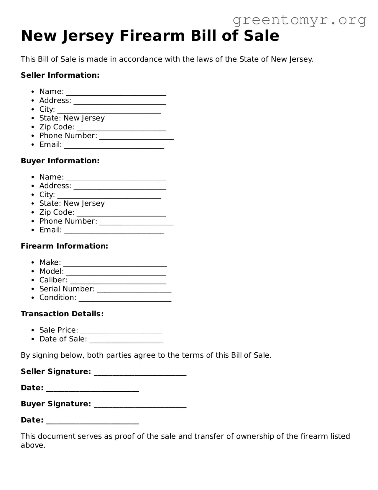 Firearm Bill of Sale Form for the State of New Jersey