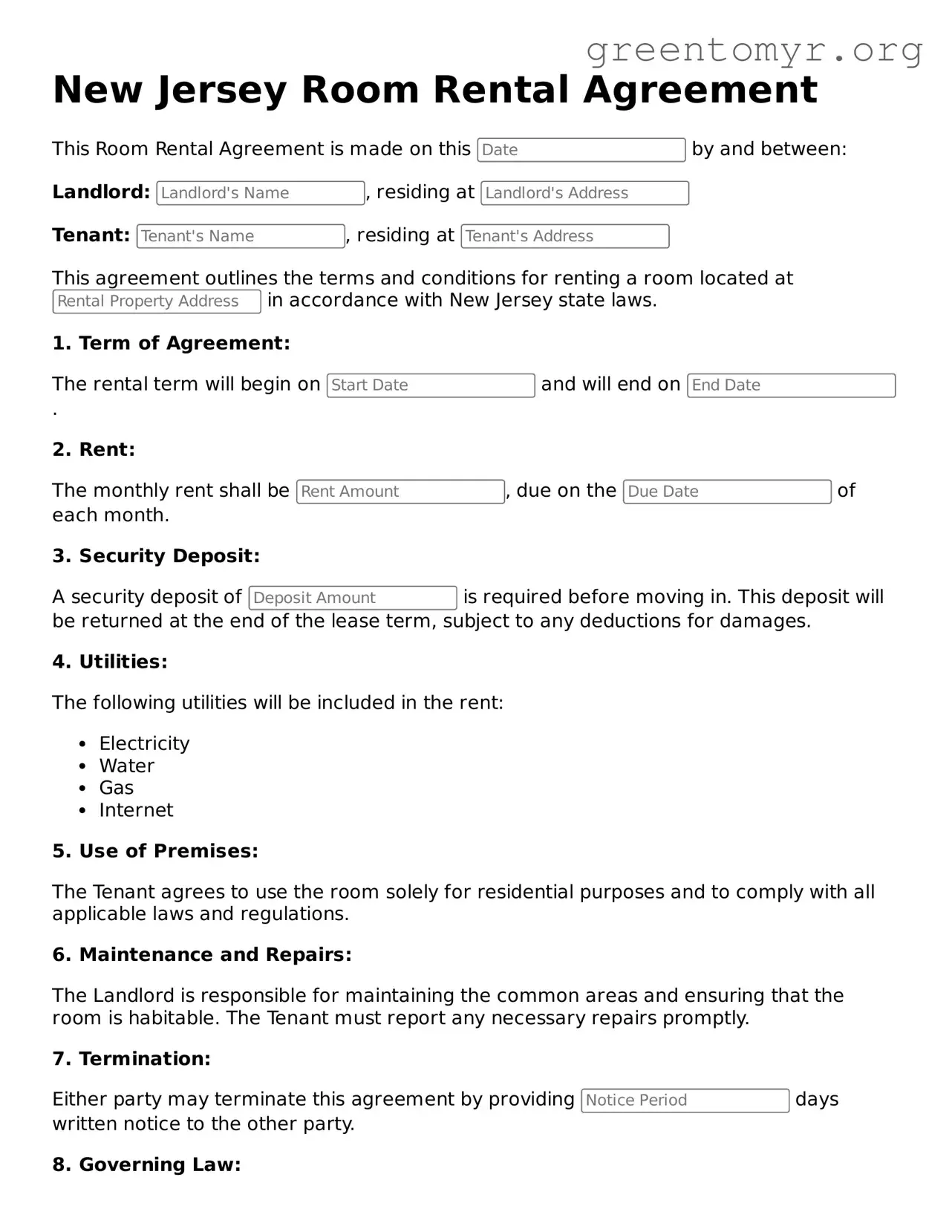 Room Rental Agreement Form for the State of New Jersey