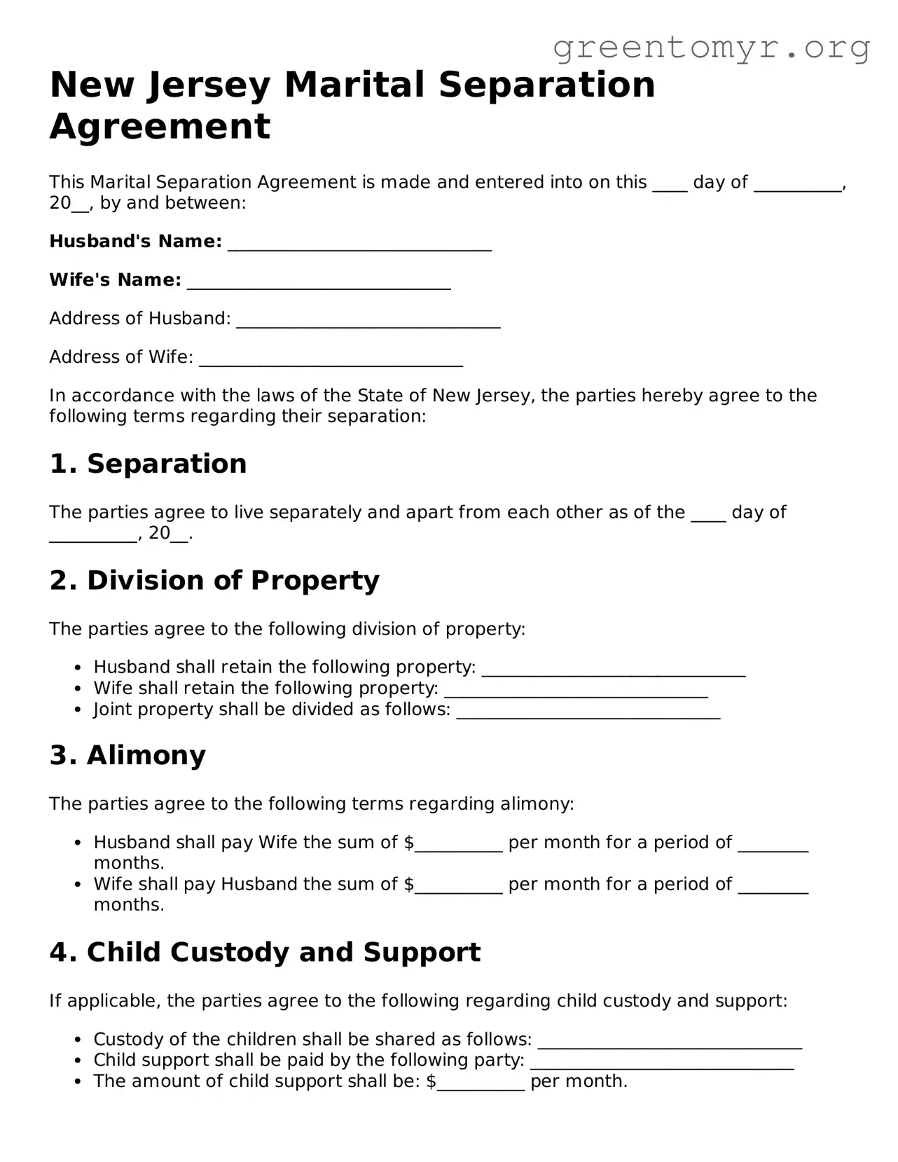 Marital Separation Agreement Form for the State of New Jersey
