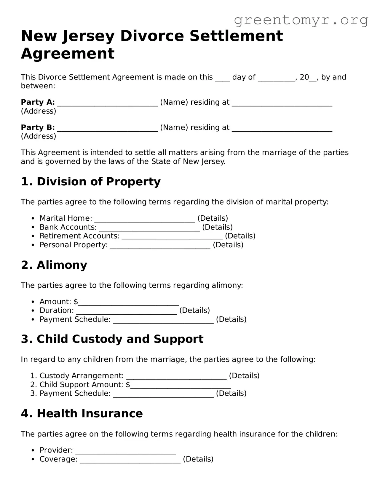 Divorce Settlement Agreement Form for the State of New Jersey