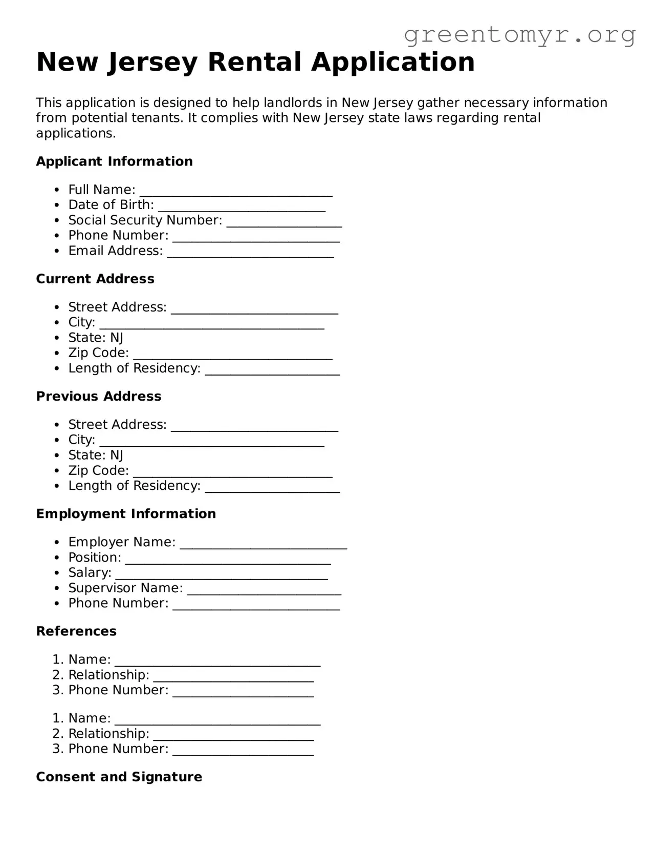 Rental Application Form for the State of New Jersey