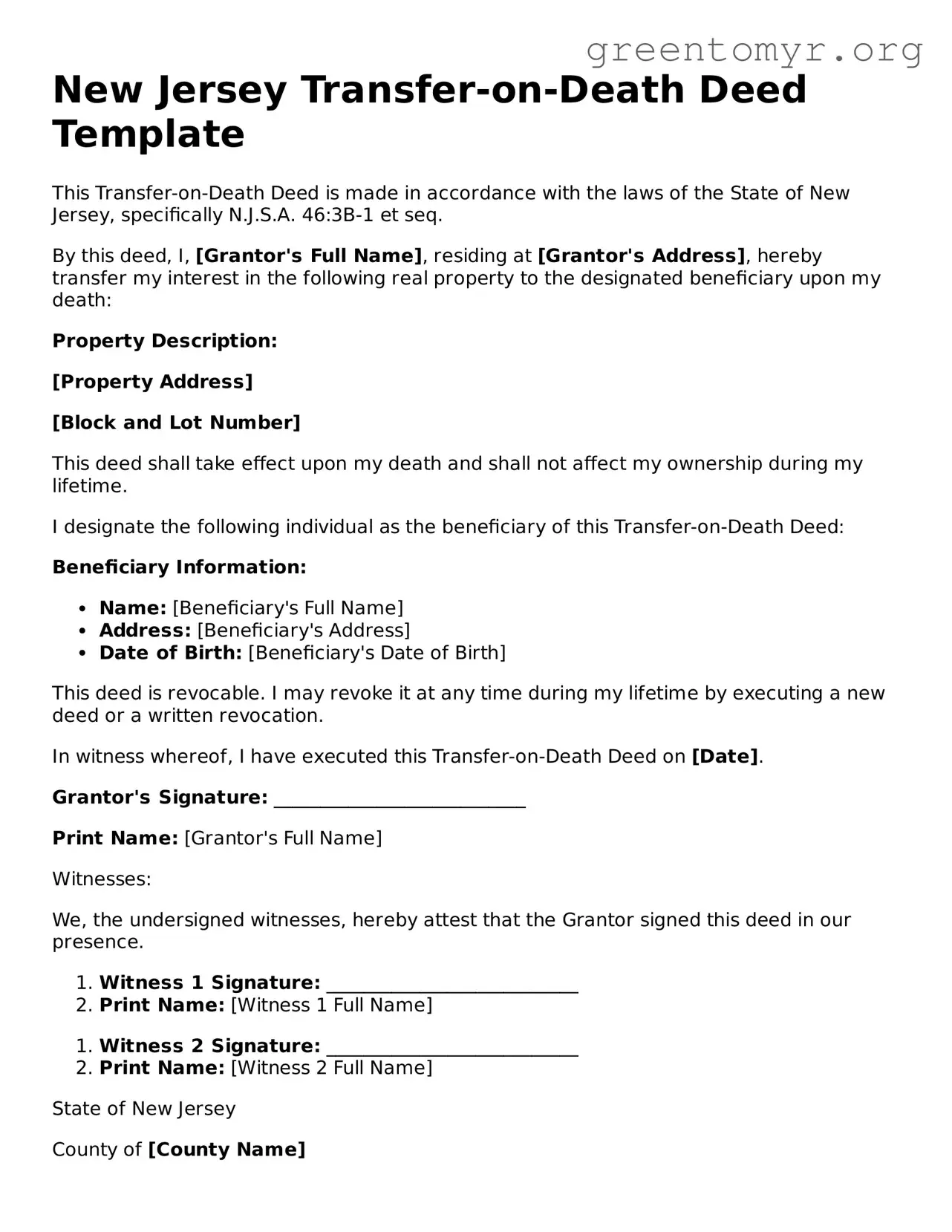 Transfer-on-Death Deed Form for the State of New Jersey