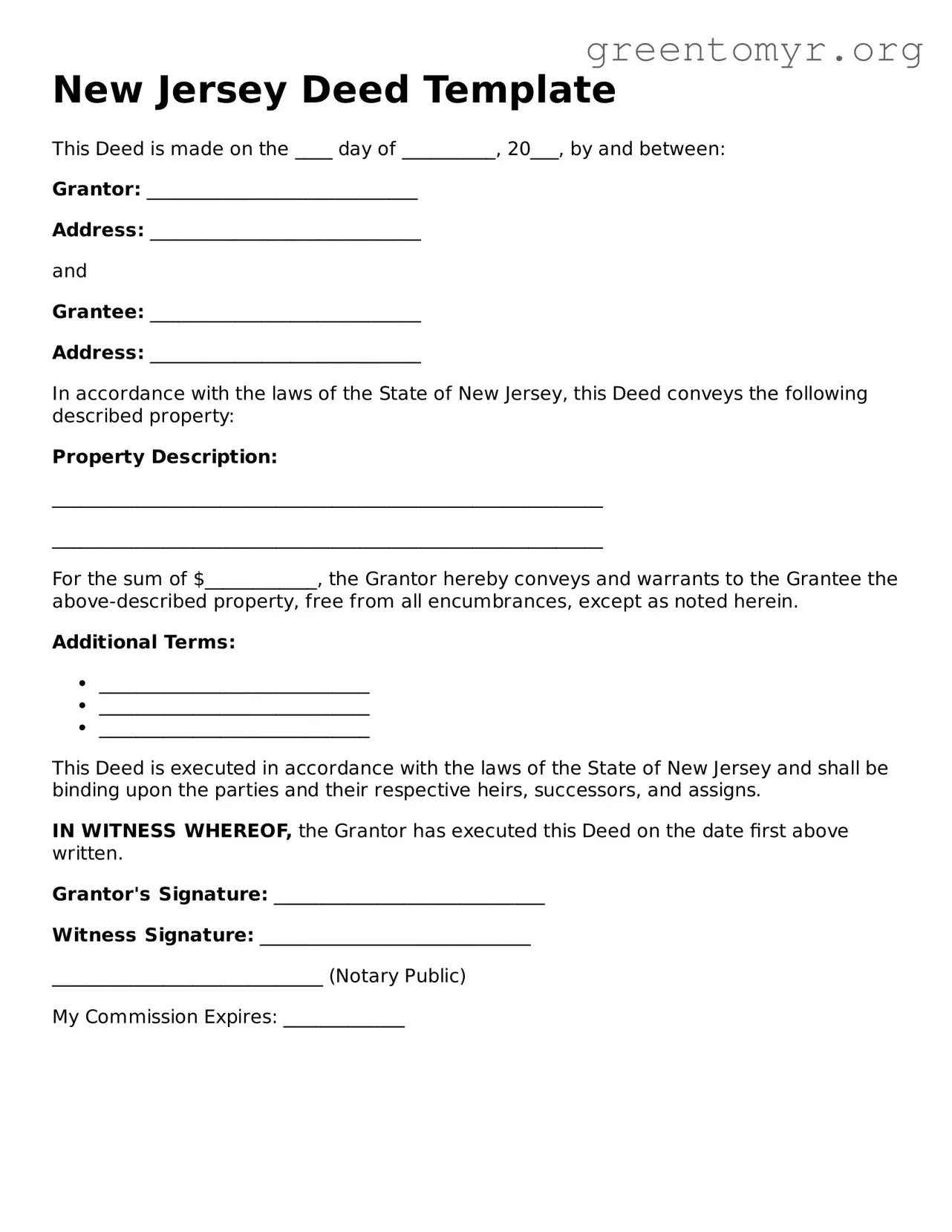 Deed Form for the State of New Jersey