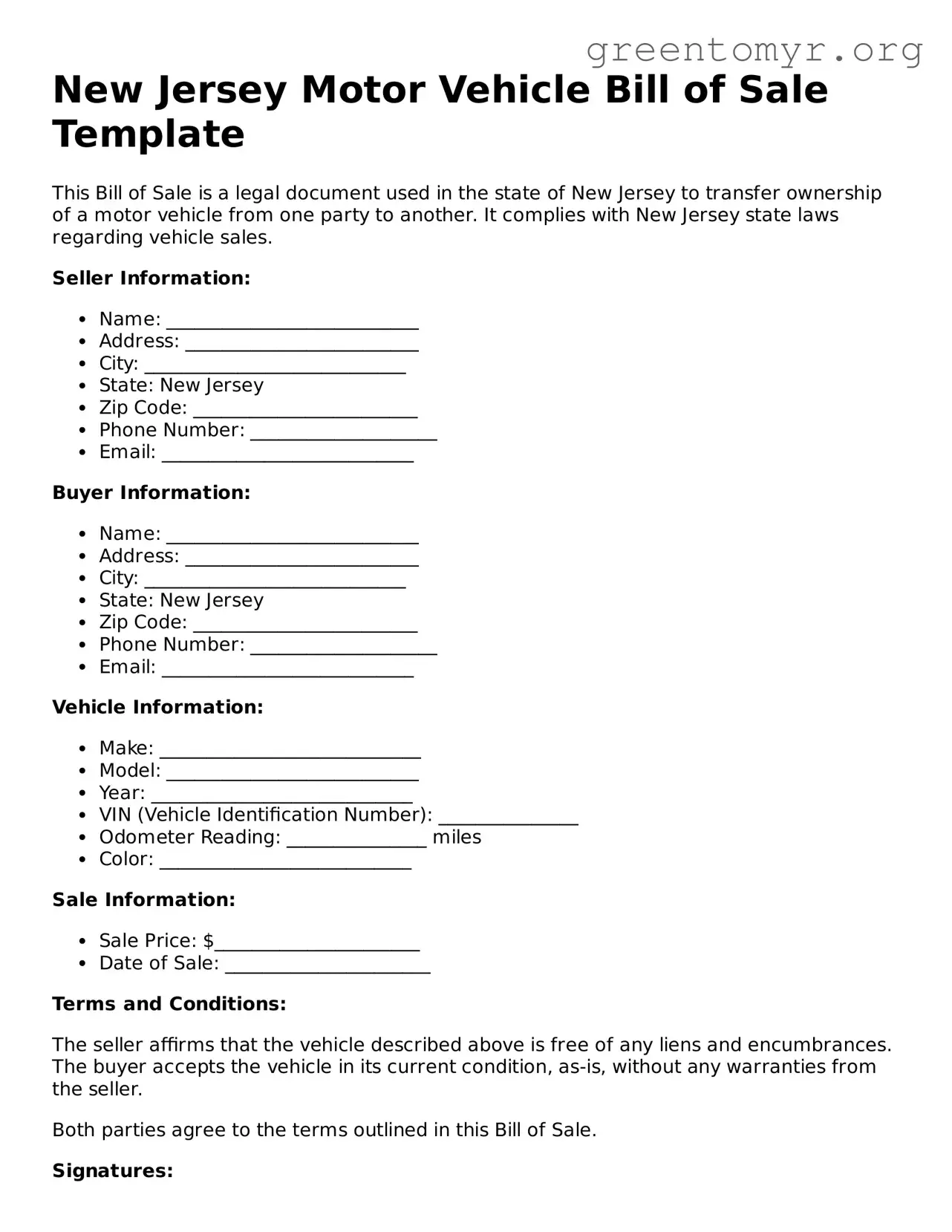 Motor Vehicle Bill of Sale Form for the State of New Jersey