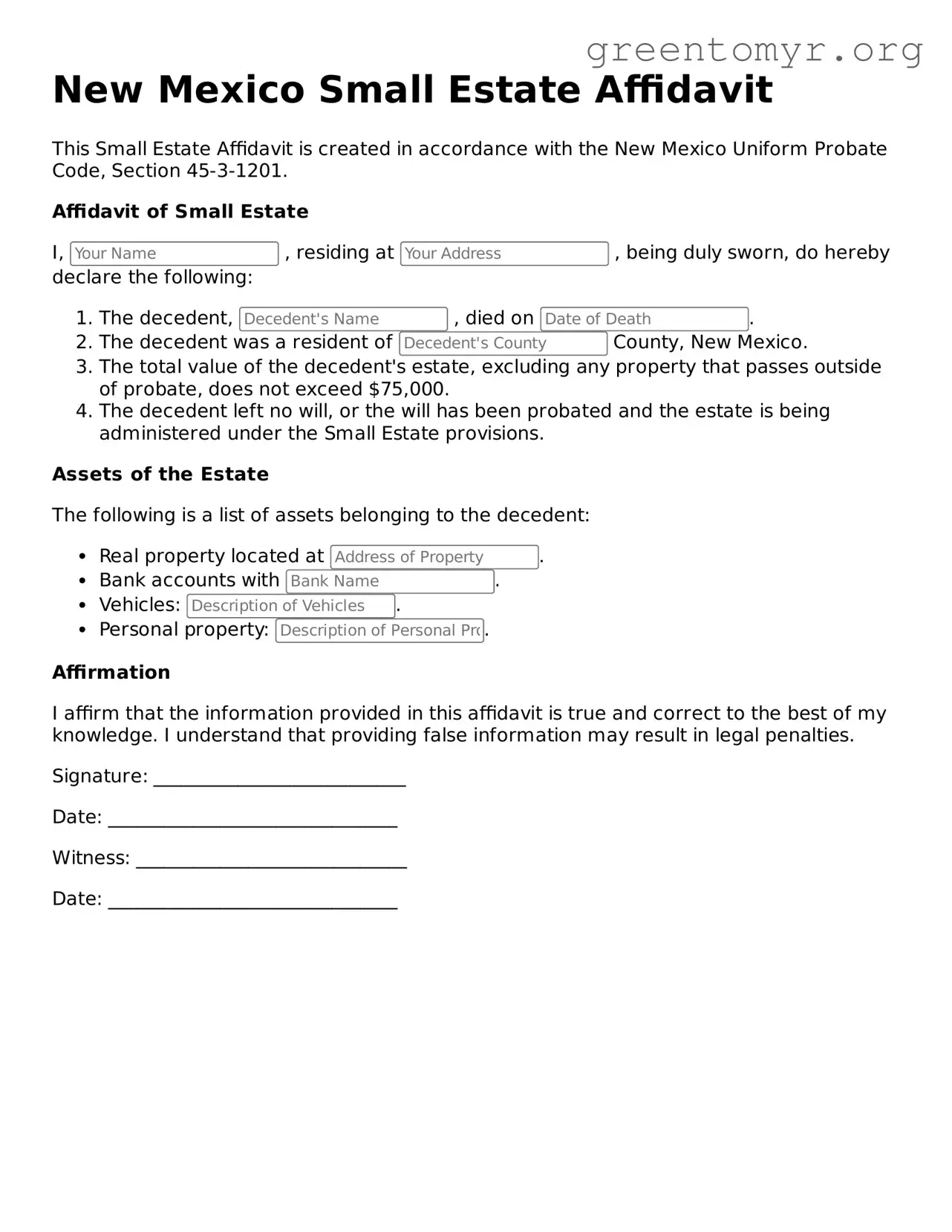 Small Estate Affidavit Form for the State of New Mexico