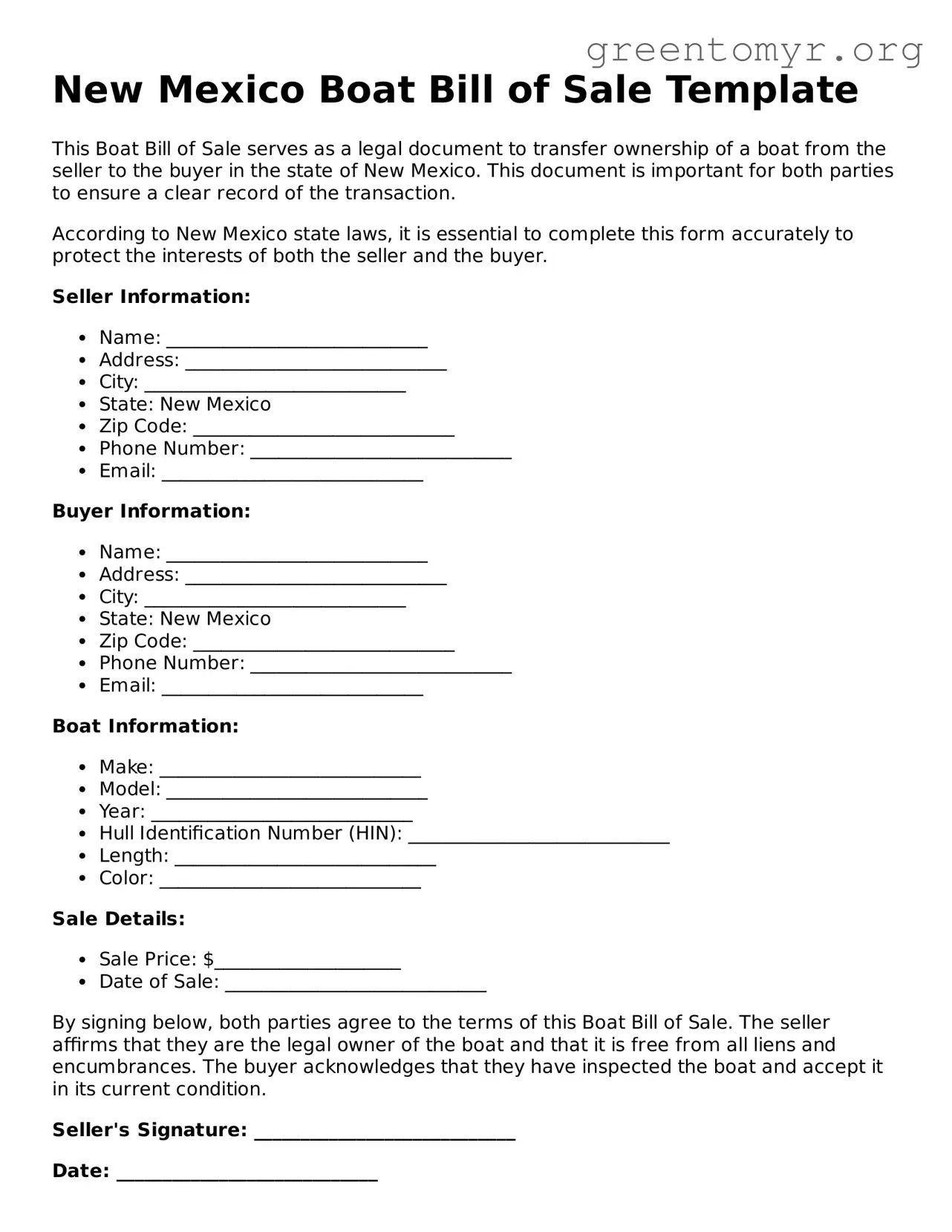 Boat Bill of Sale Form for the State of New Mexico