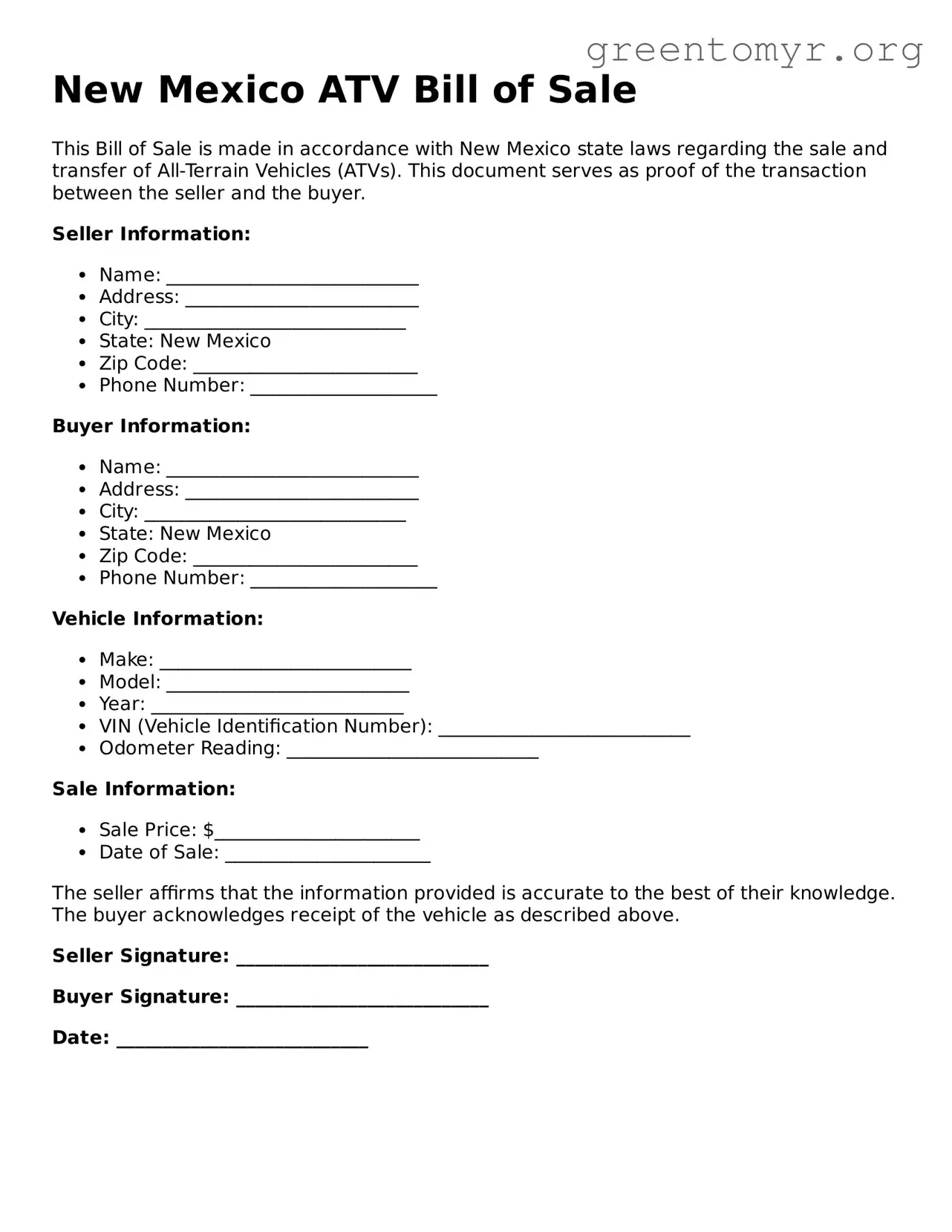 ATV Bill of Sale Form for the State of New Mexico