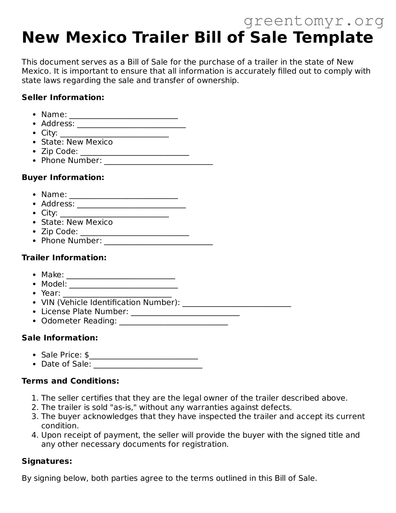 Trailer Bill of Sale Form for the State of New Mexico