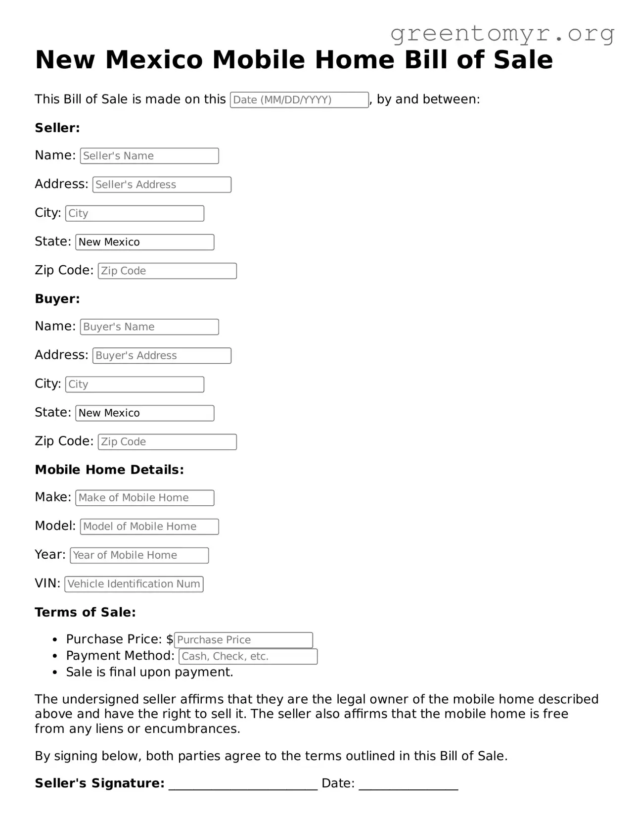Mobile Home Bill of Sale Form for the State of New Mexico