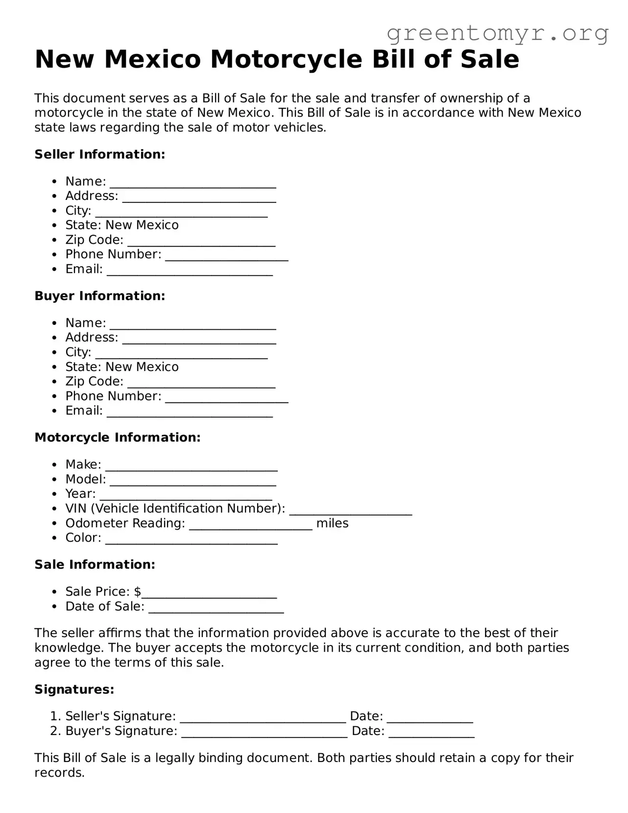 Motorcycle Bill of Sale Form for the State of New Mexico