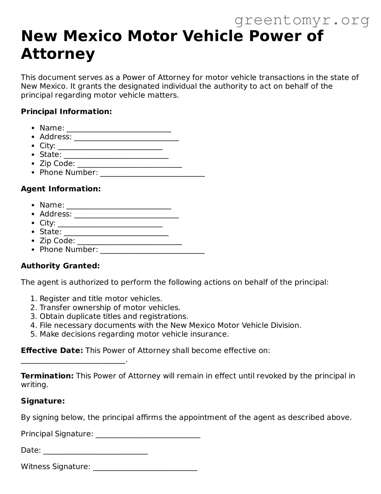 Motor Vehicle Power of Attorney Form for the State of New Mexico