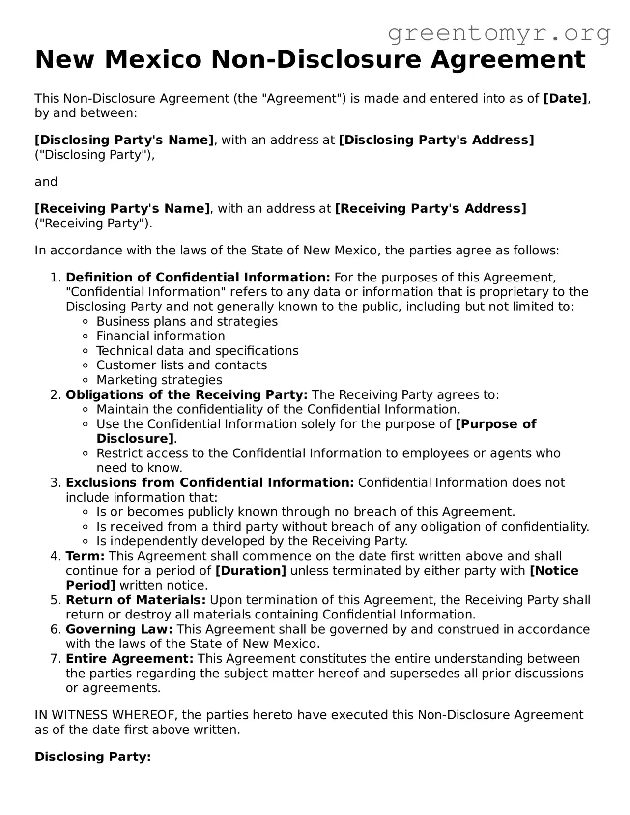 Non-disclosure Agreement Form for the State of New Mexico