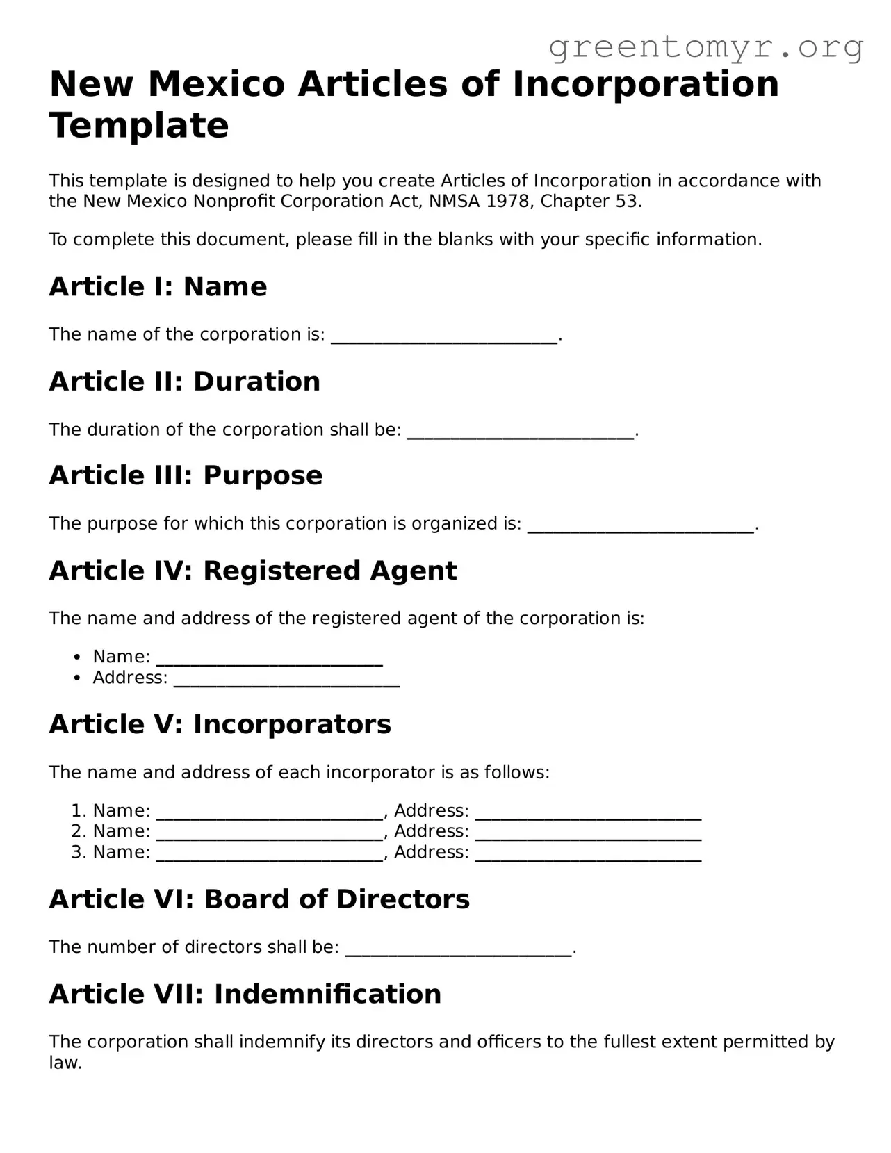 Articles of Incorporation Form for the State of New Mexico