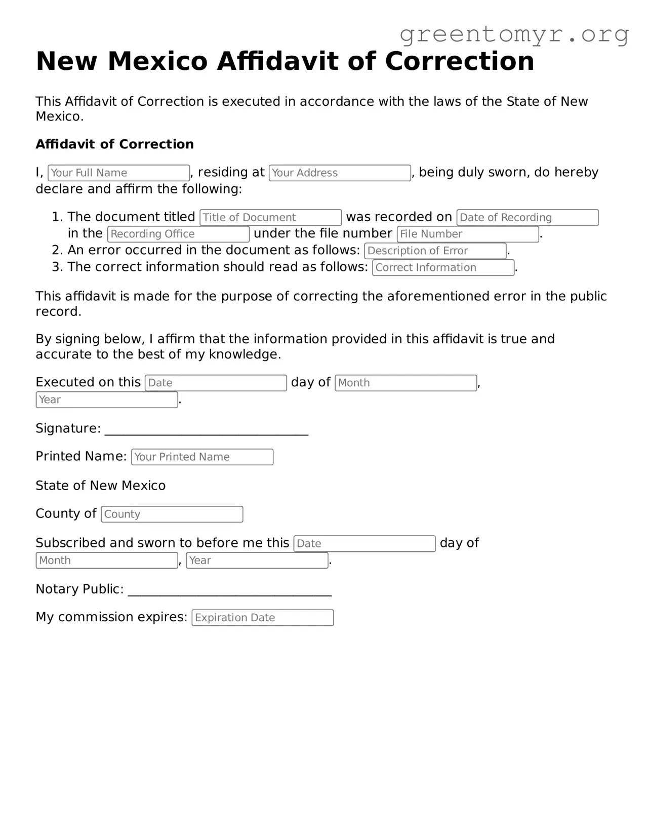 Affidavit of Correction Form for the State of New Mexico