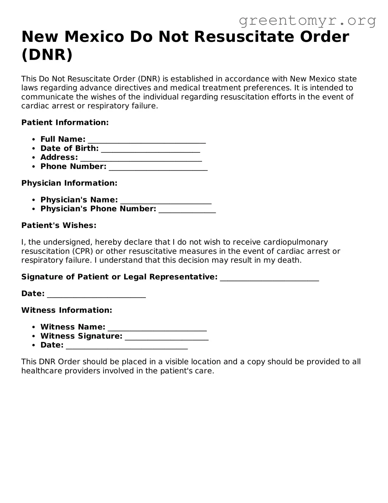 Do Not Resuscitate Order Form for the State of New Mexico