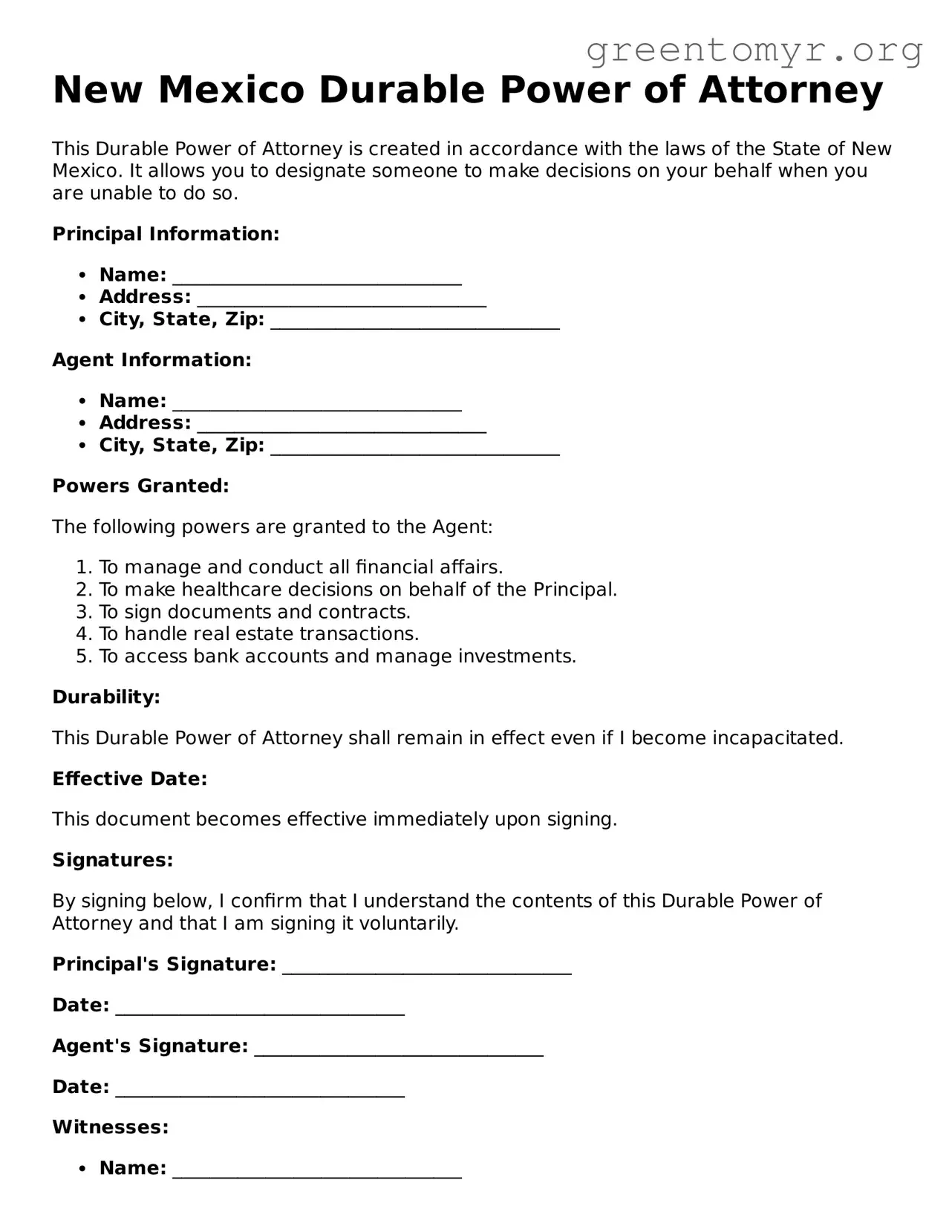 Durable Power of Attorney Form for the State of New Mexico