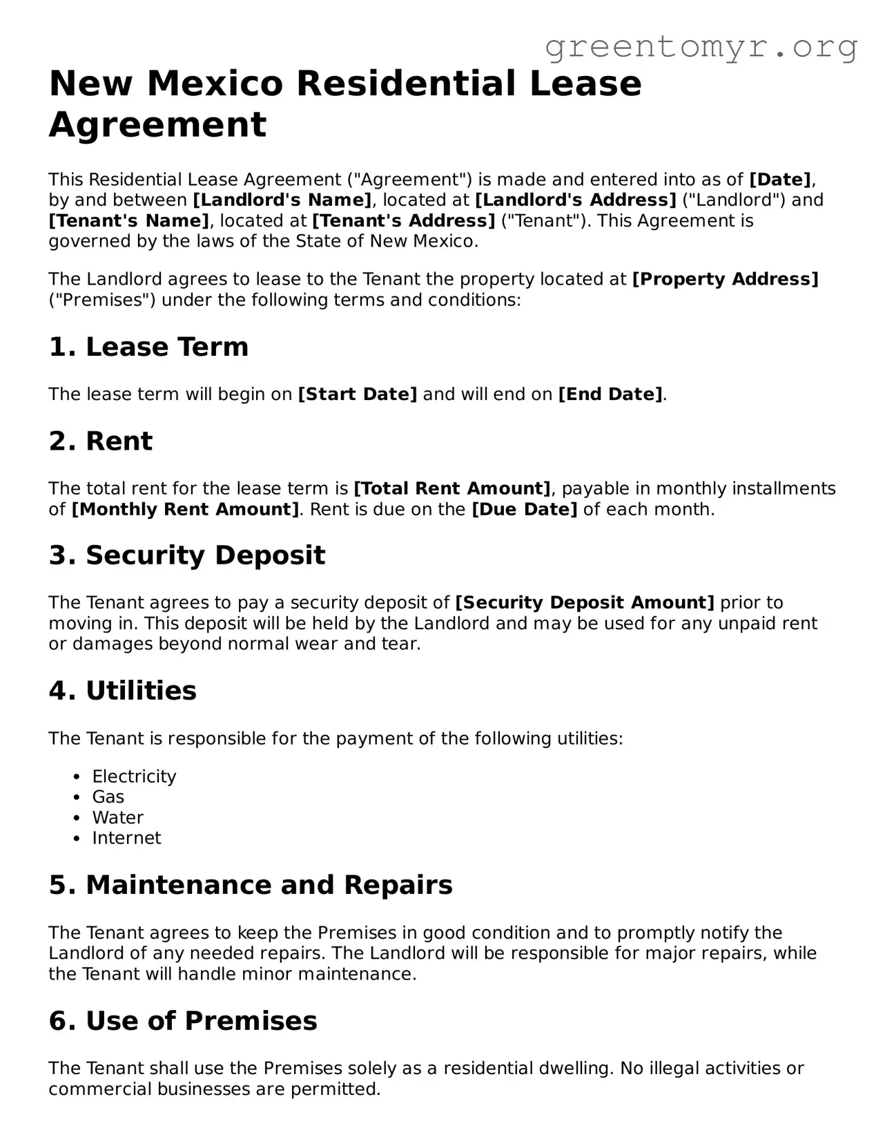 Residential Lease Agreement Form for the State of New Mexico