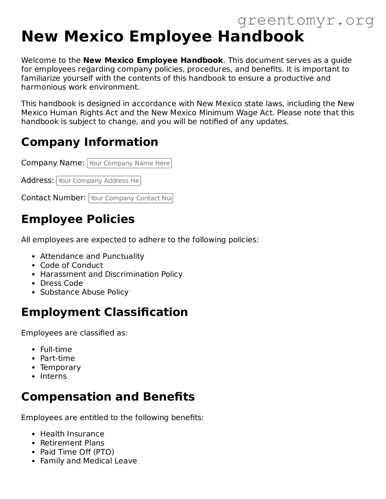 Employee Handbook Form for the State of New Mexico