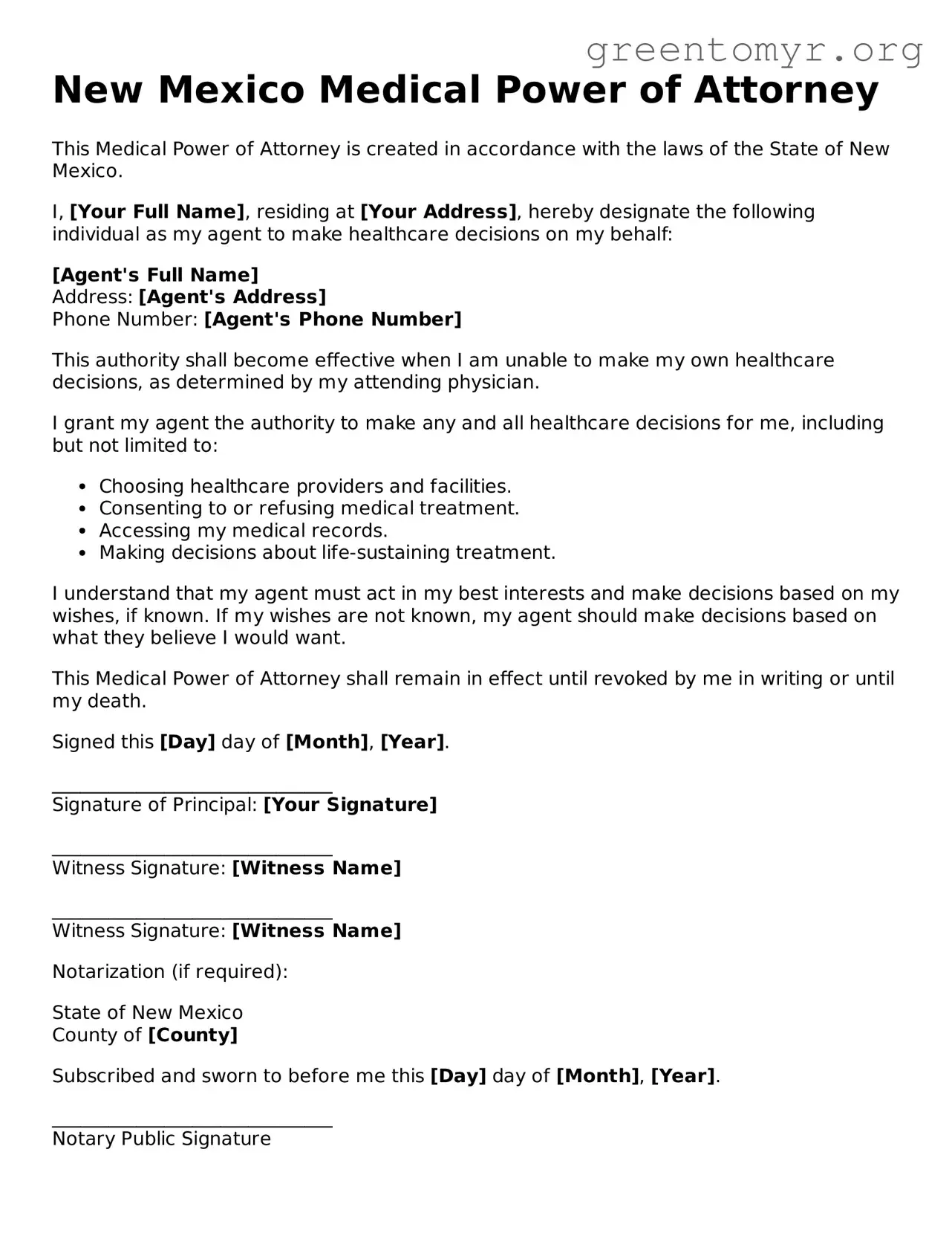 Medical Power of Attorney Form for the State of New Mexico