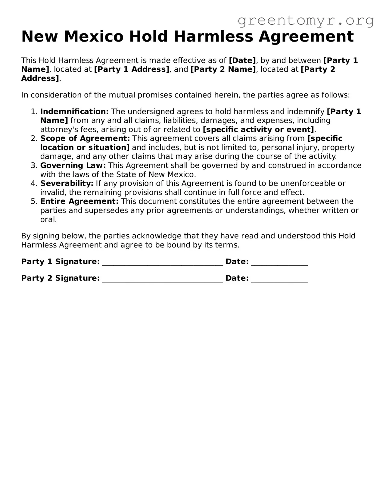 Hold Harmless Agreement Form for the State of New Mexico