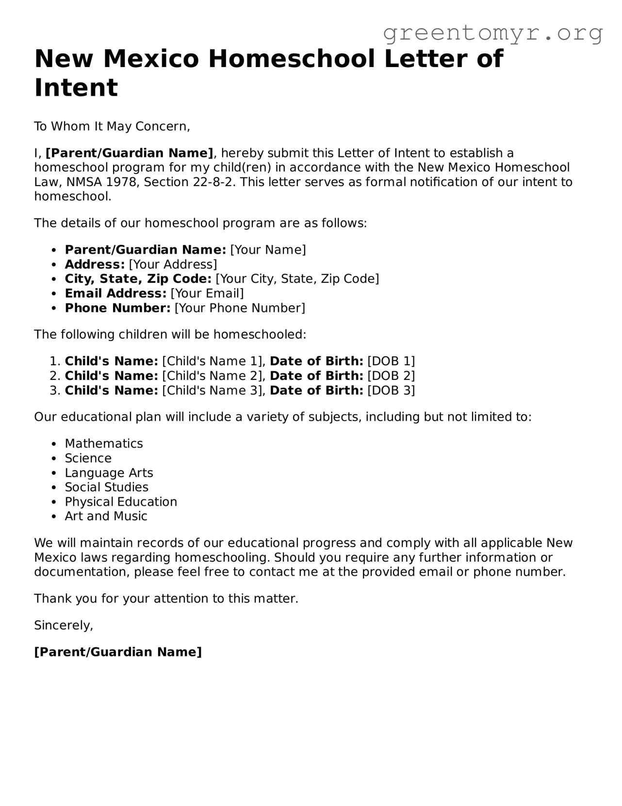 Homeschool Letter of Intent Form for the State of New Mexico