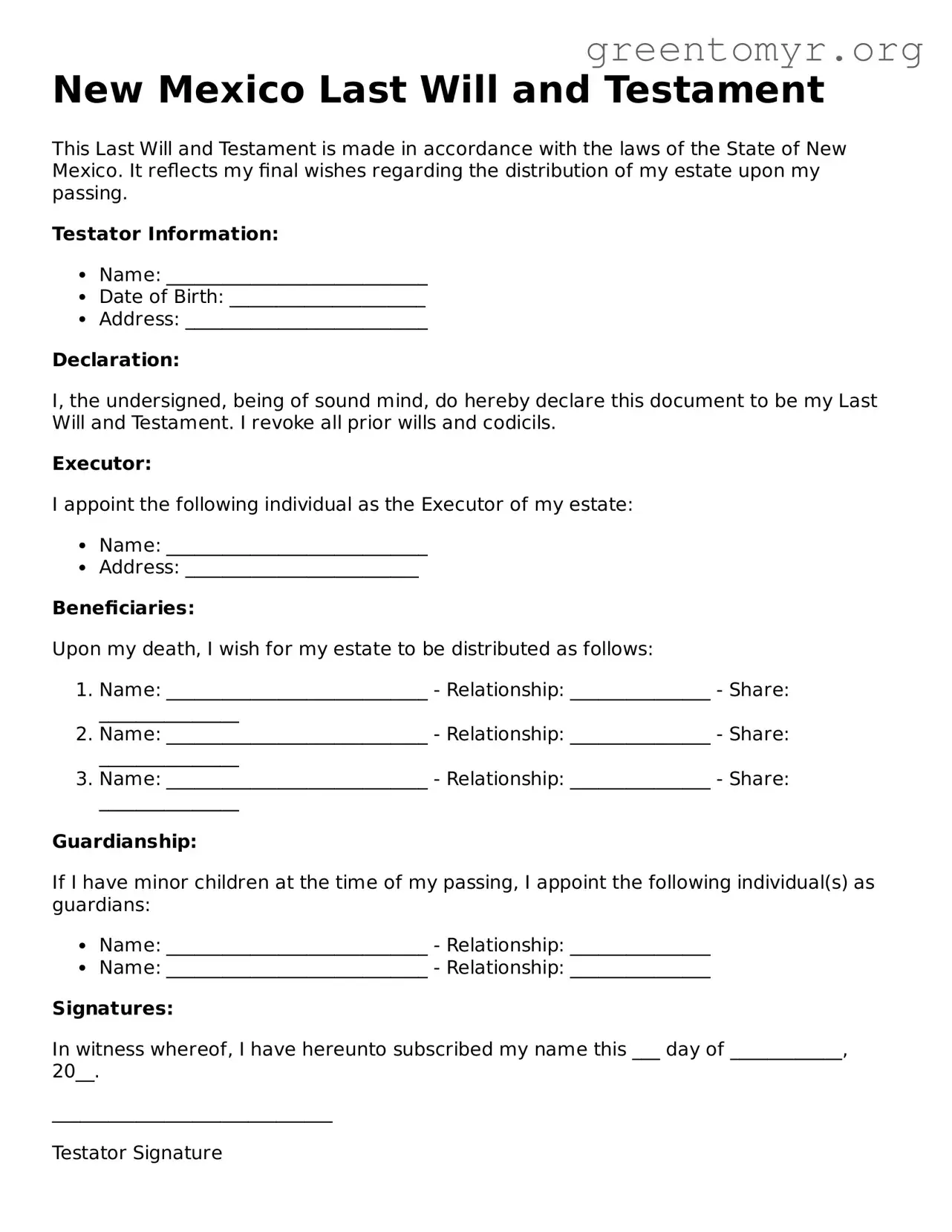 Last Will and Testament Form for the State of New Mexico