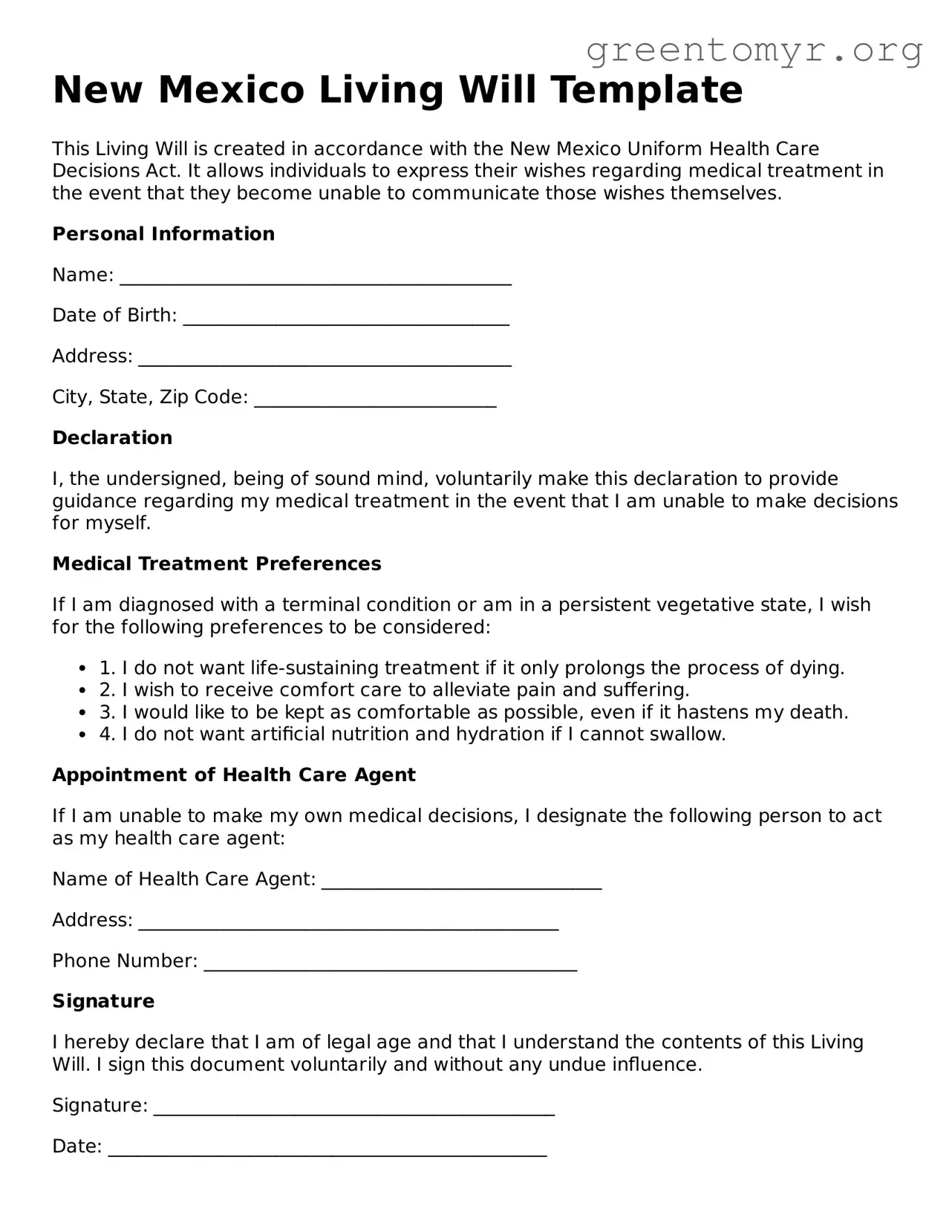 Living Will Form for the State of New Mexico