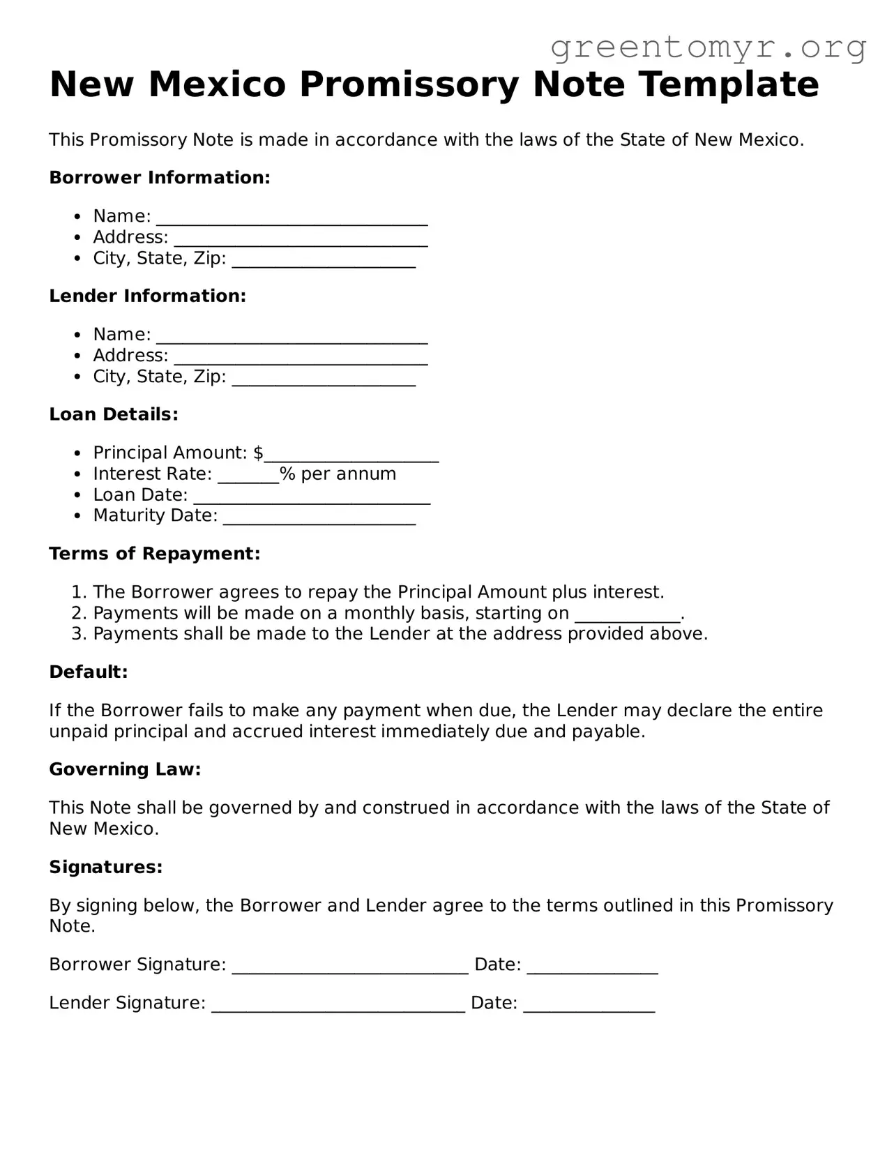 Promissory Note Form for the State of New Mexico