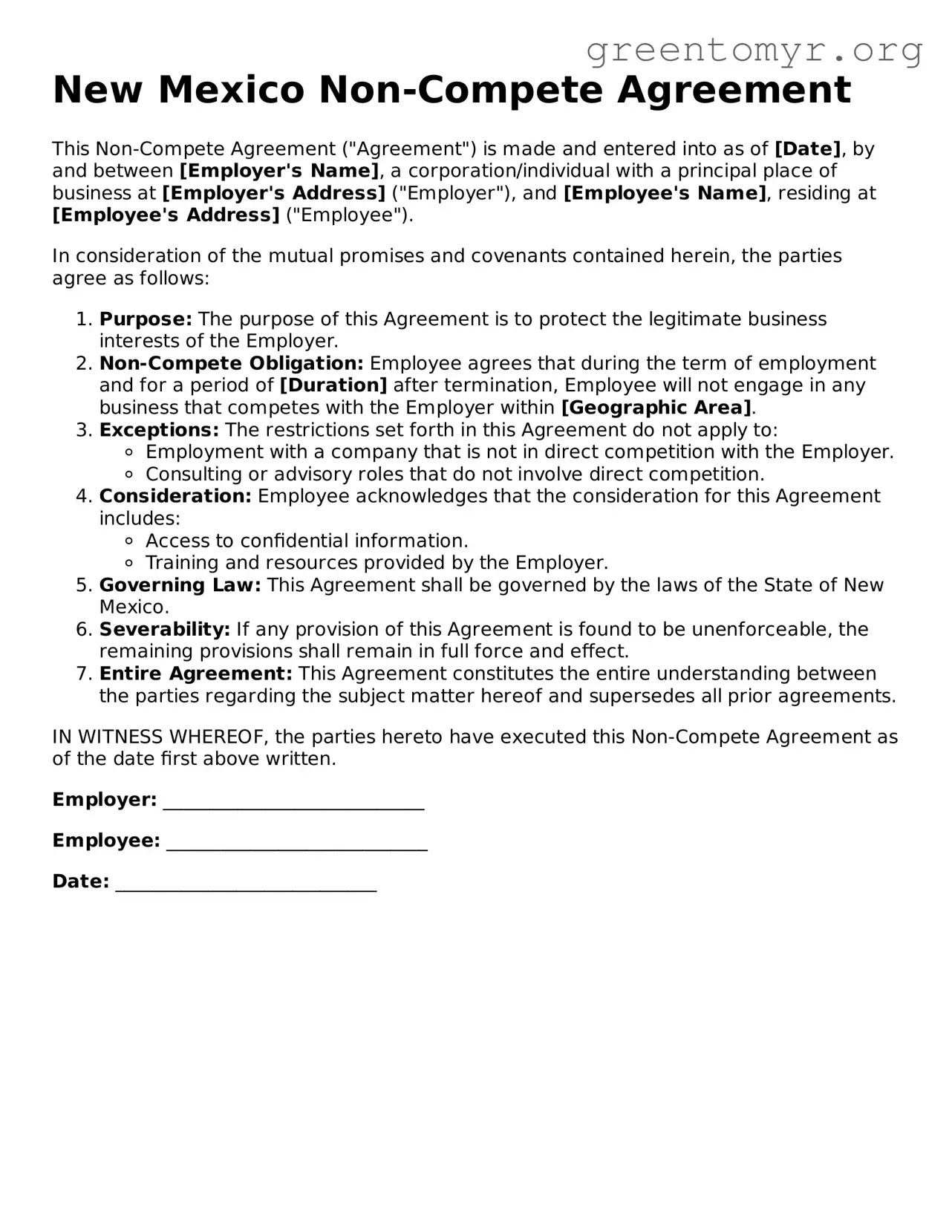Non-compete Agreement Form for the State of New Mexico