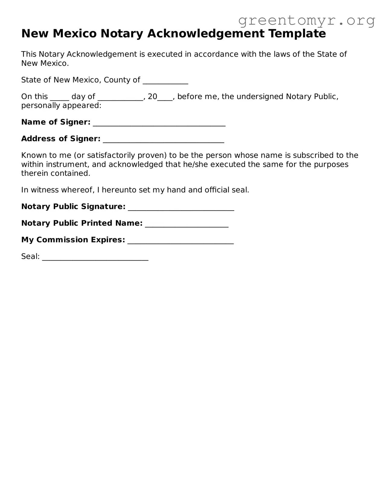 Notary Acknowledgement Form for the State of New Mexico