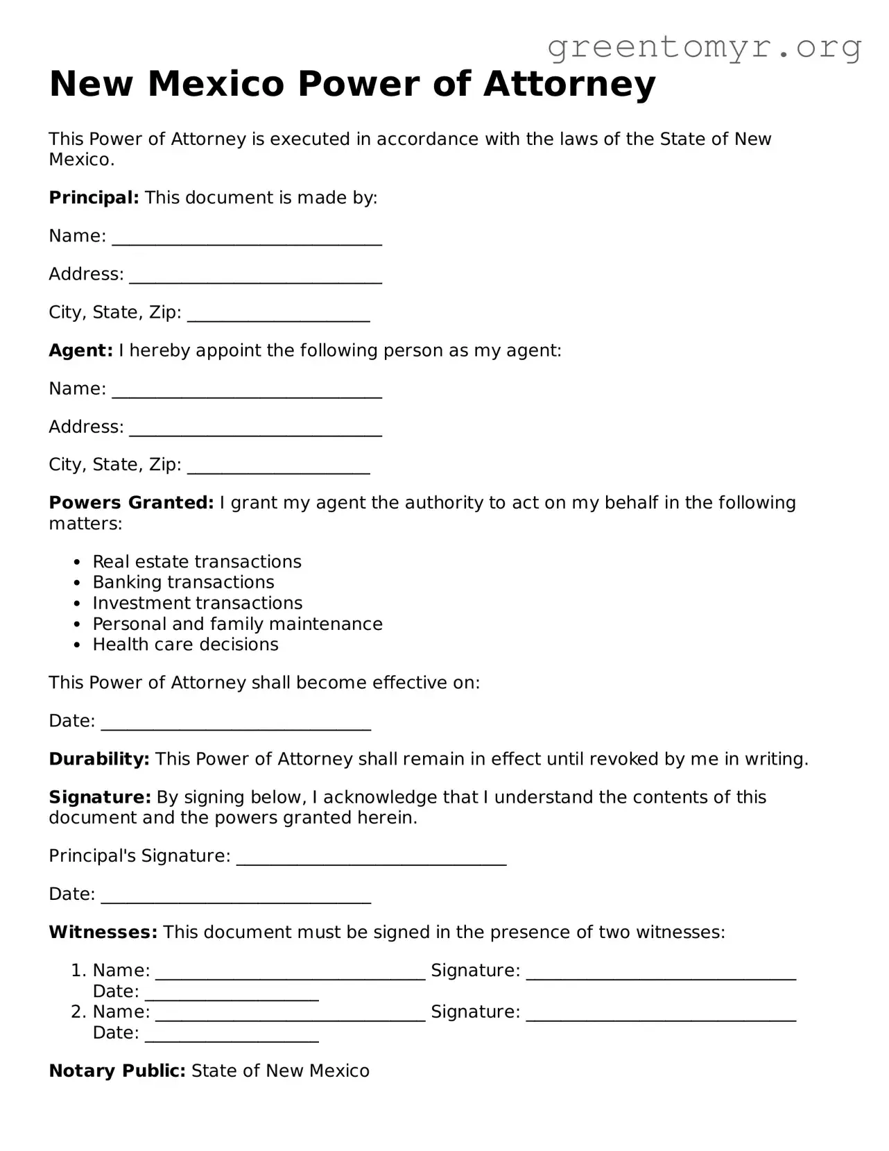 Power of Attorney Form for the State of New Mexico