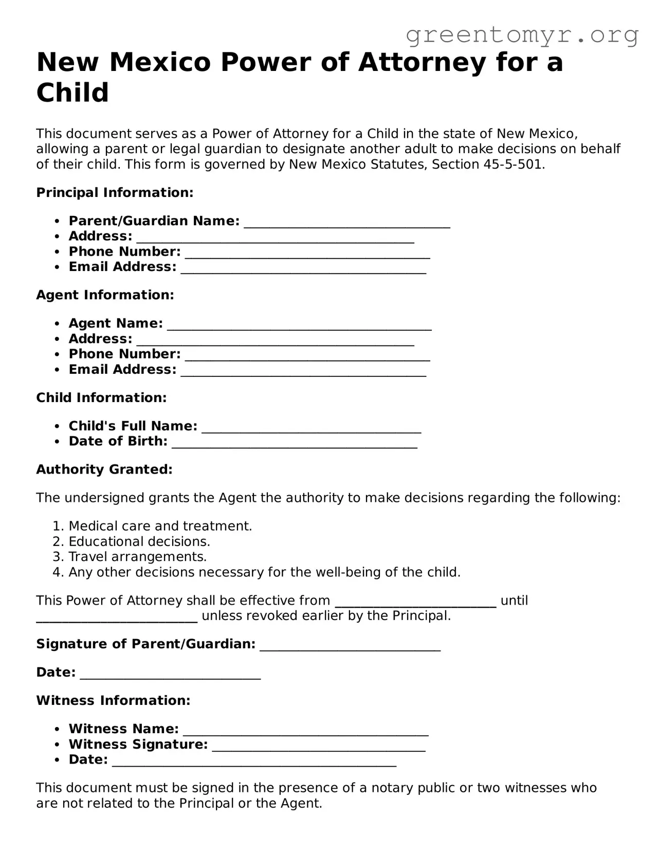 Power of Attorney for a Child Form for the State of New Mexico
