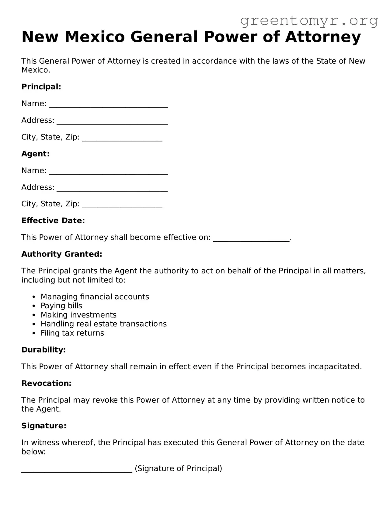 General Power of Attorney Form for the State of New Mexico