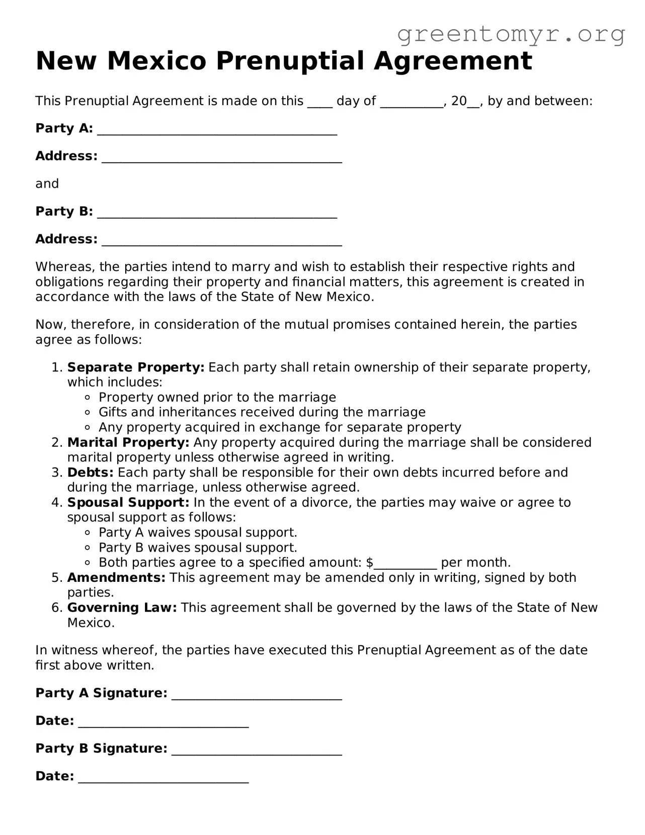Prenuptial Agreement Form for the State of New Mexico
