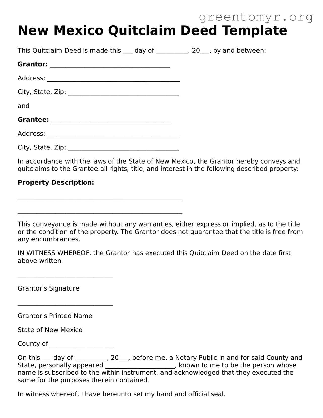 Quitclaim Deed Form for the State of New Mexico