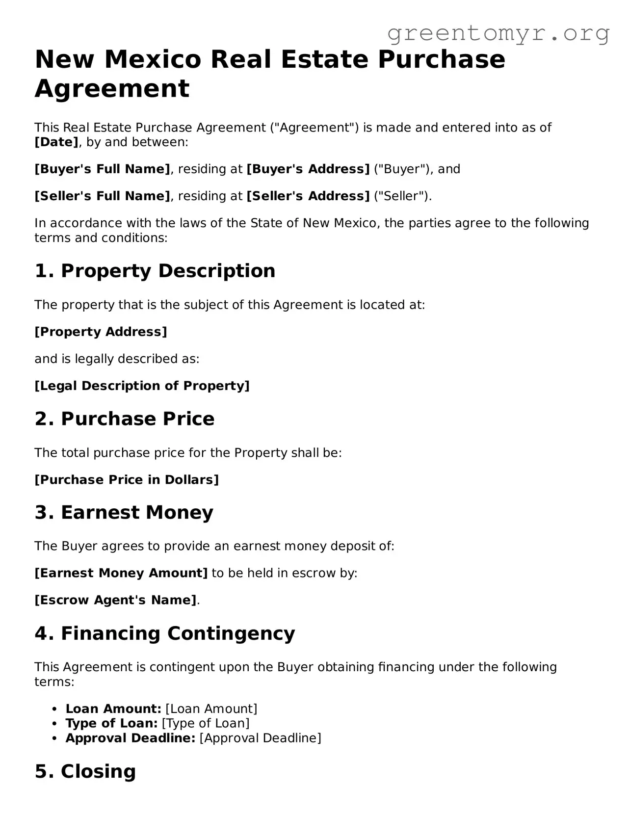 Real Estate Purchase Agreement Form for the State of New Mexico