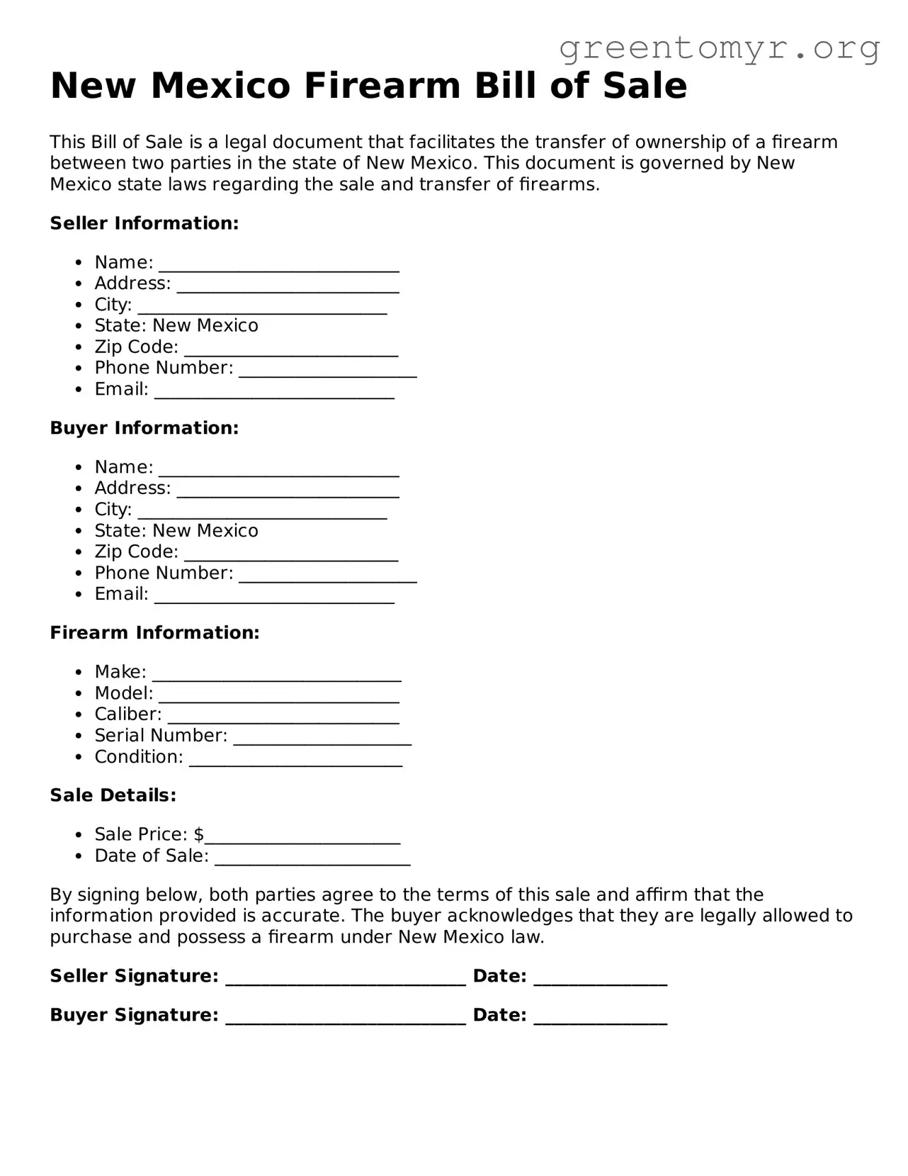 Firearm Bill of Sale Form for the State of New Mexico