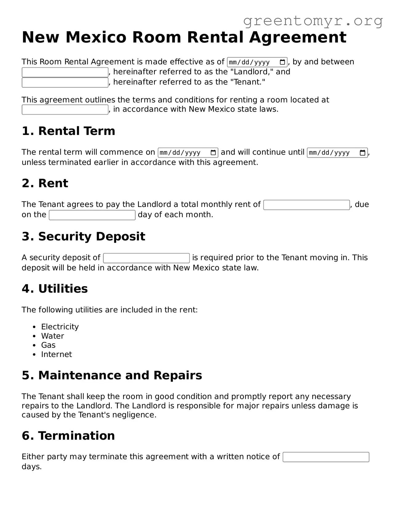 Room Rental Agreement Form for the State of New Mexico