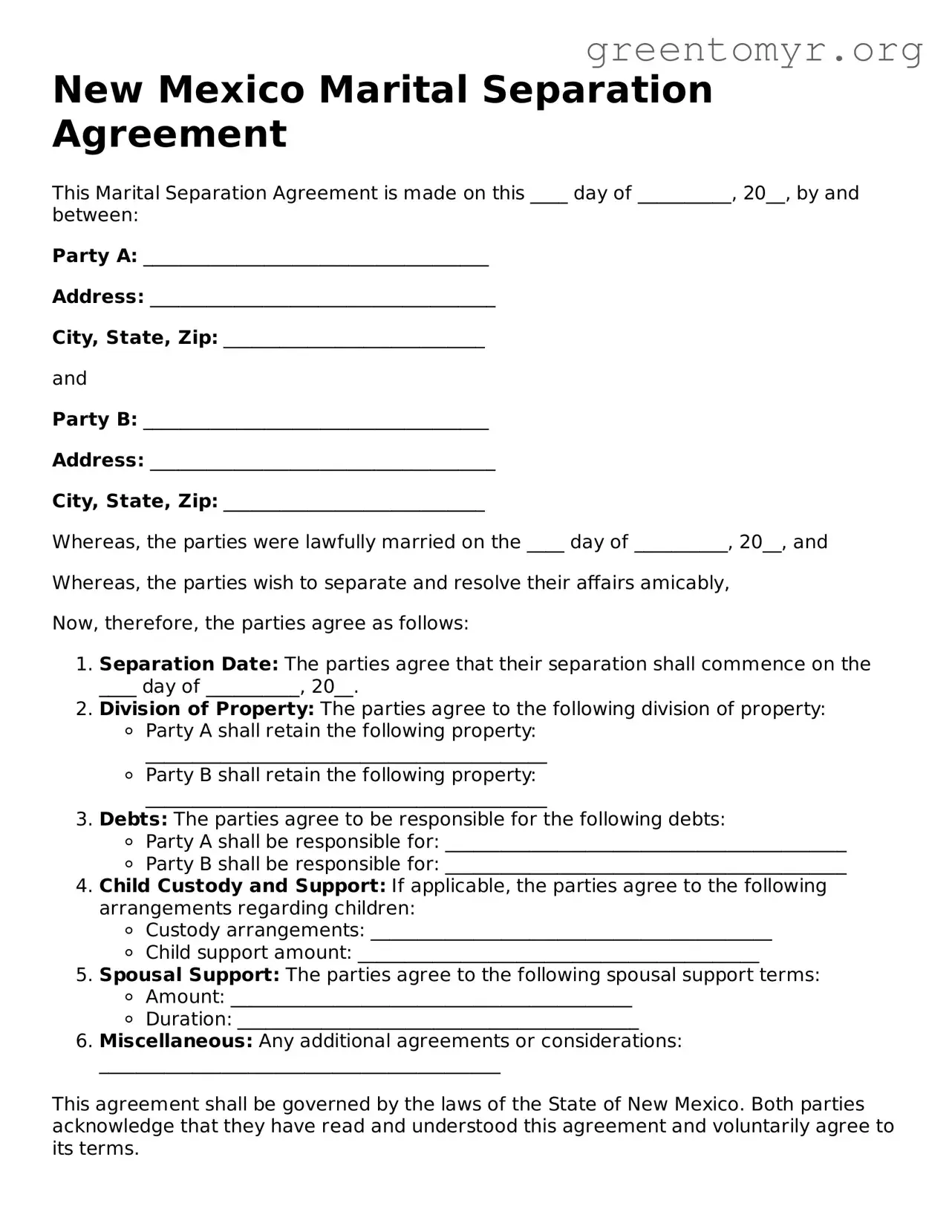 Marital Separation Agreement Form for the State of New Mexico