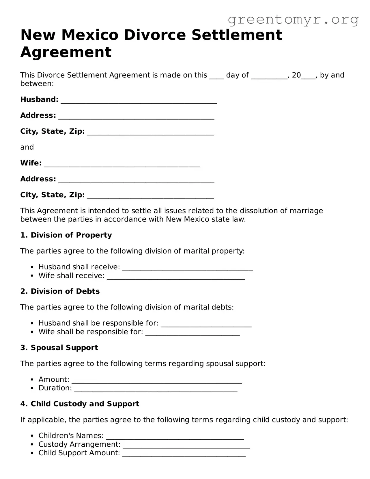 Divorce Settlement Agreement Form for the State of New Mexico