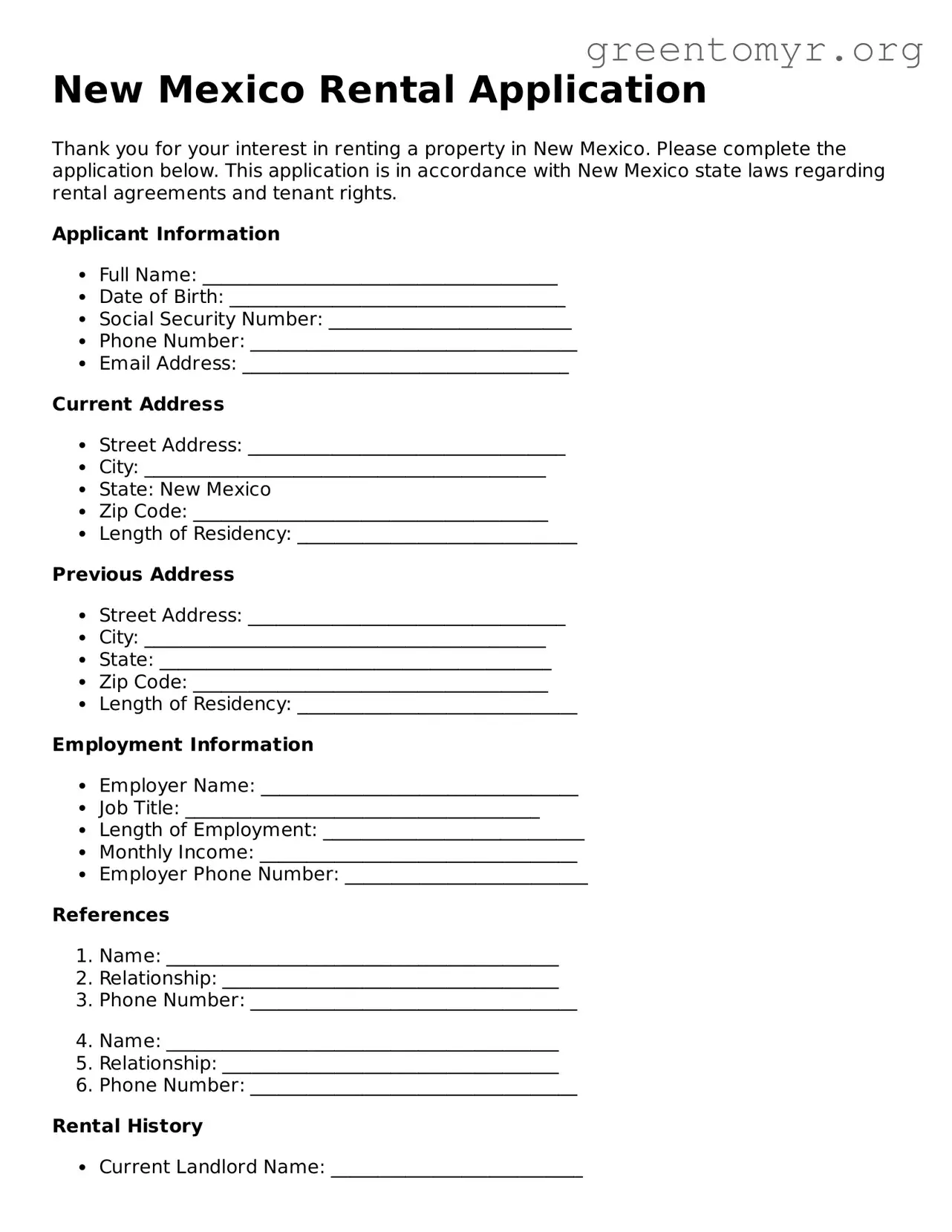 Rental Application Form for the State of New Mexico
