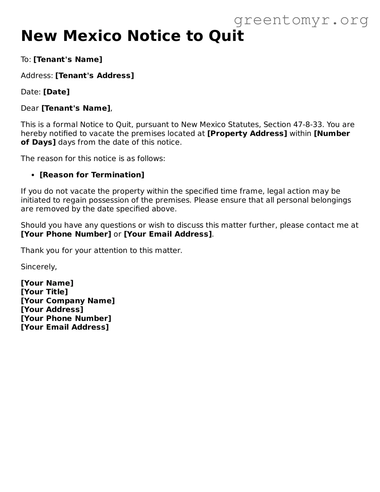 Notice to Quit Form for the State of New Mexico