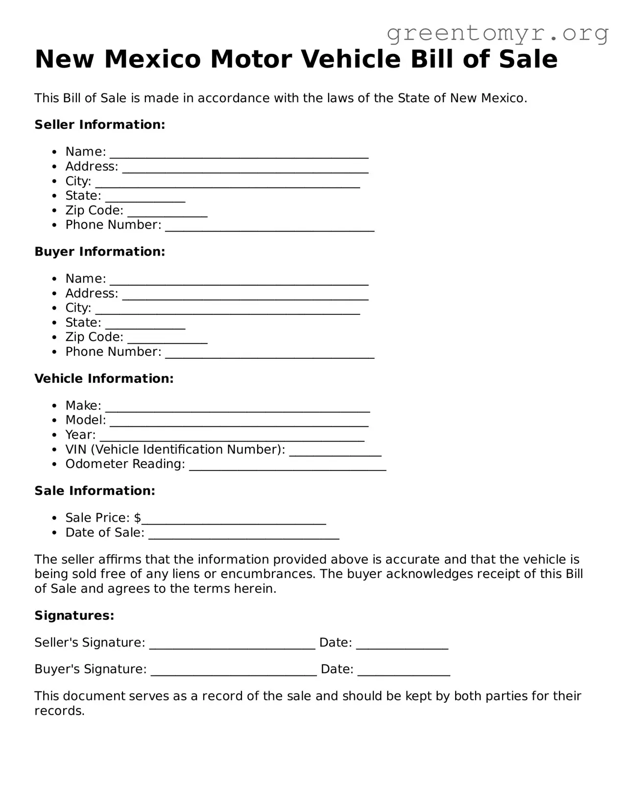 Motor Vehicle Bill of Sale Form for the State of New Mexico